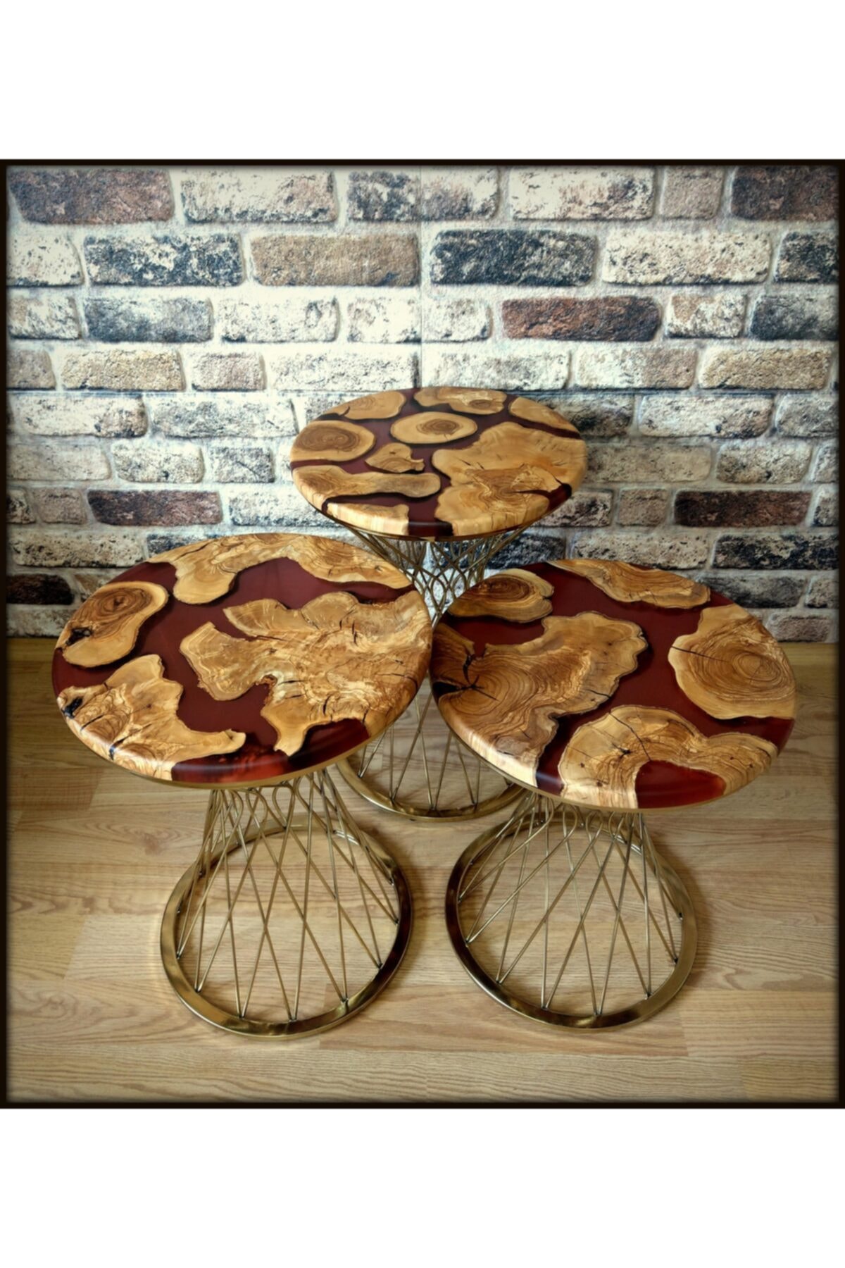 HeeDWooD Design Trans Kırmızı Epoksi Zeytin Tabla Gold Pota Ayak 3lü Zigon Sehpa