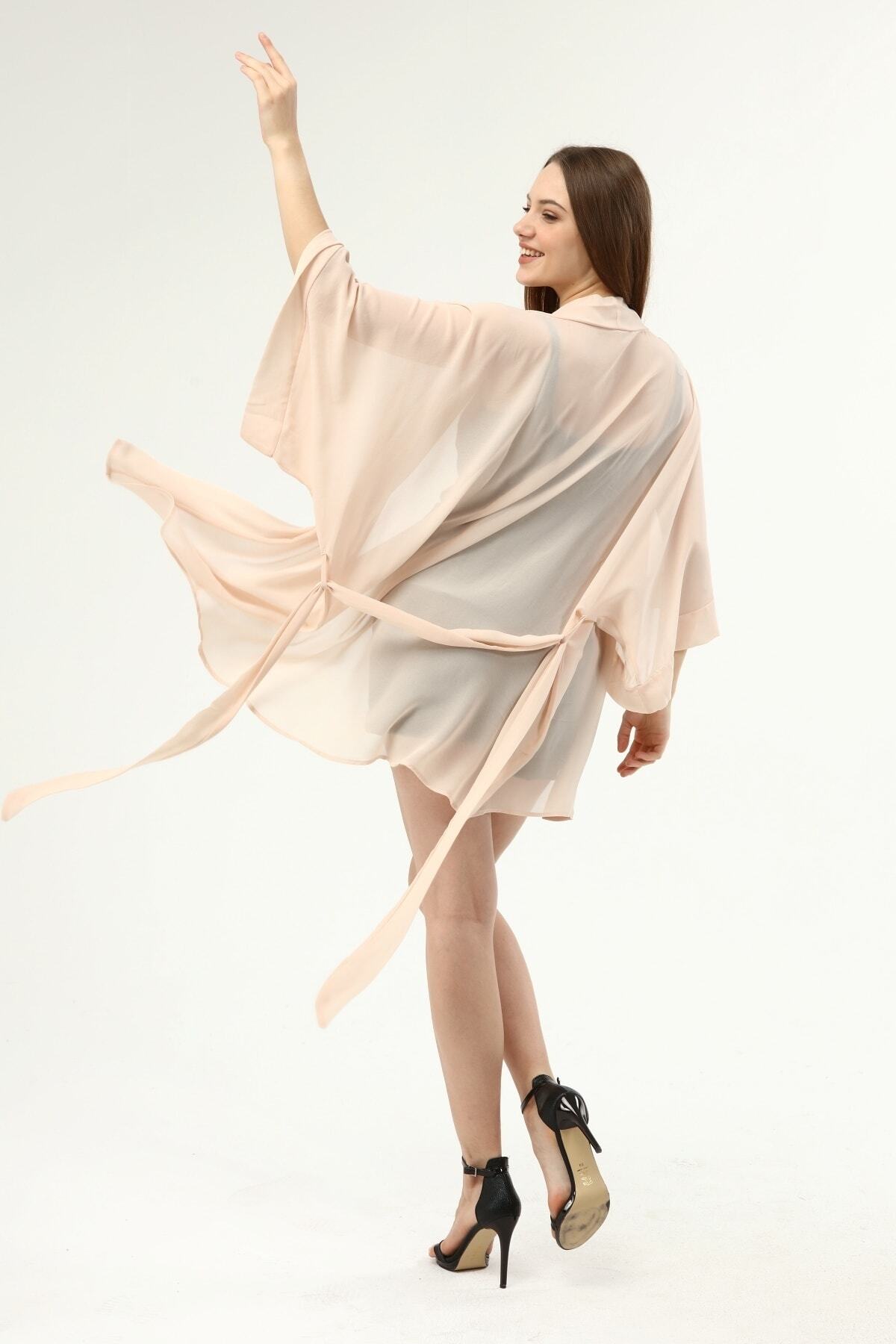 LUALUA Kadın Pudra Şifon Kimono Sabahlık Pareo