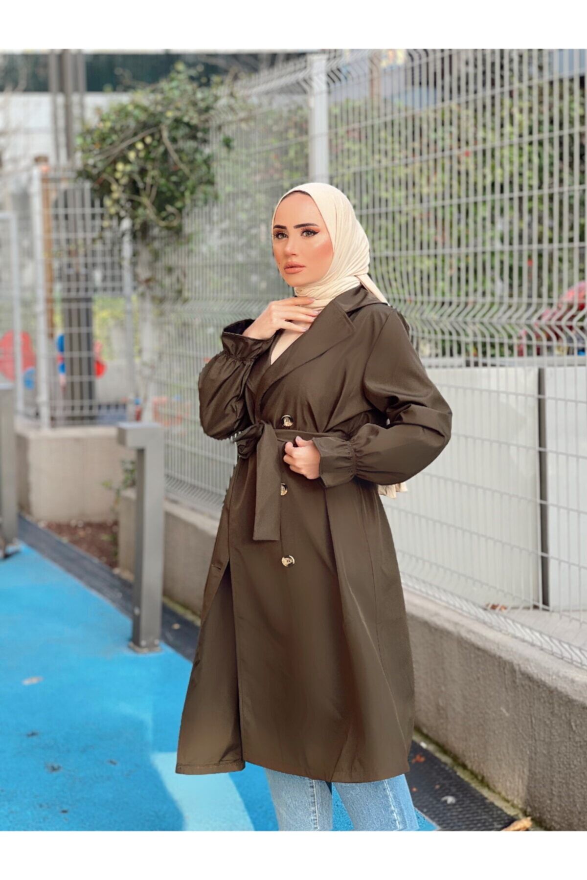 BURCU TESETTÜR Kolu Lastik Detaylı Trenç Mdr10067 Haki