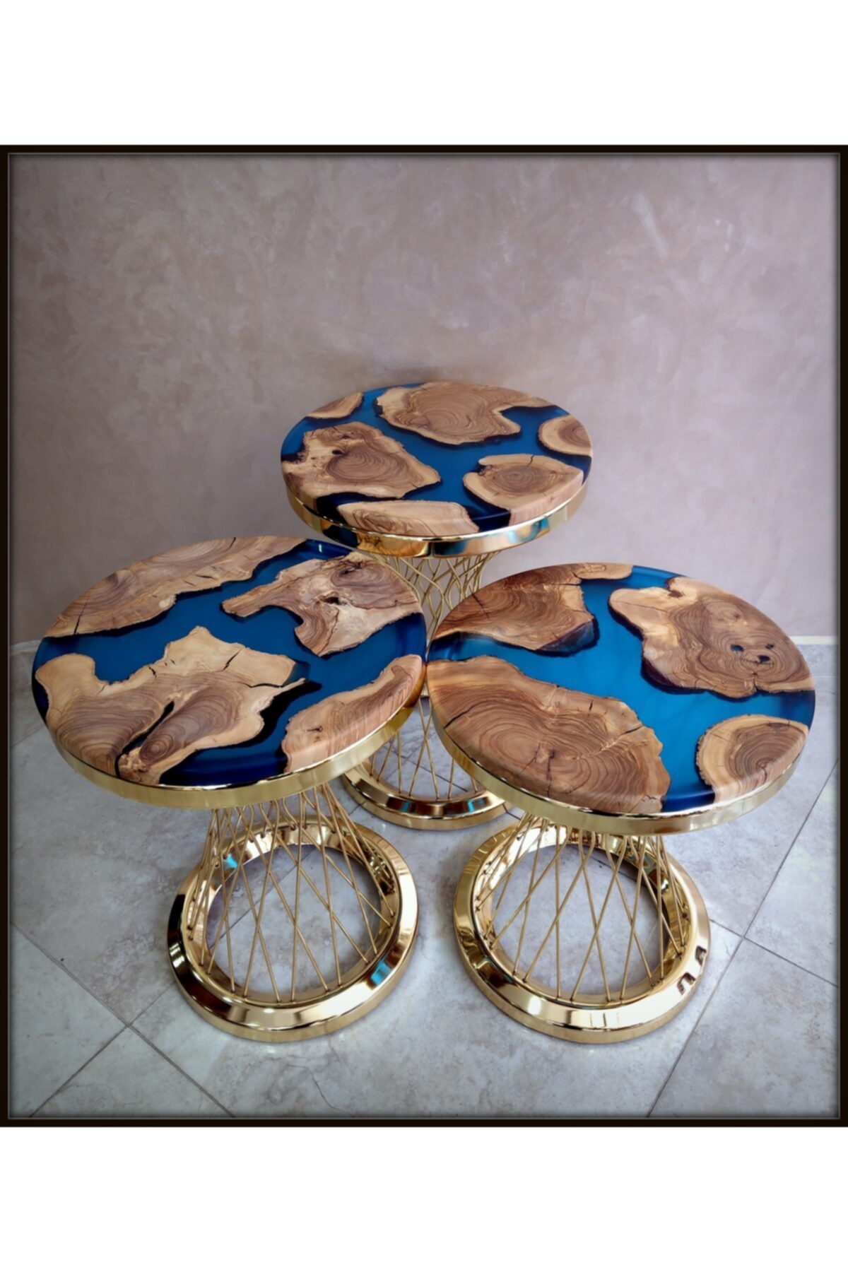 HeeDWooD Design Trans Mavi Epoksi Zeytin Tabla Gold Ring Ayak 3lü Zigon Sehpa