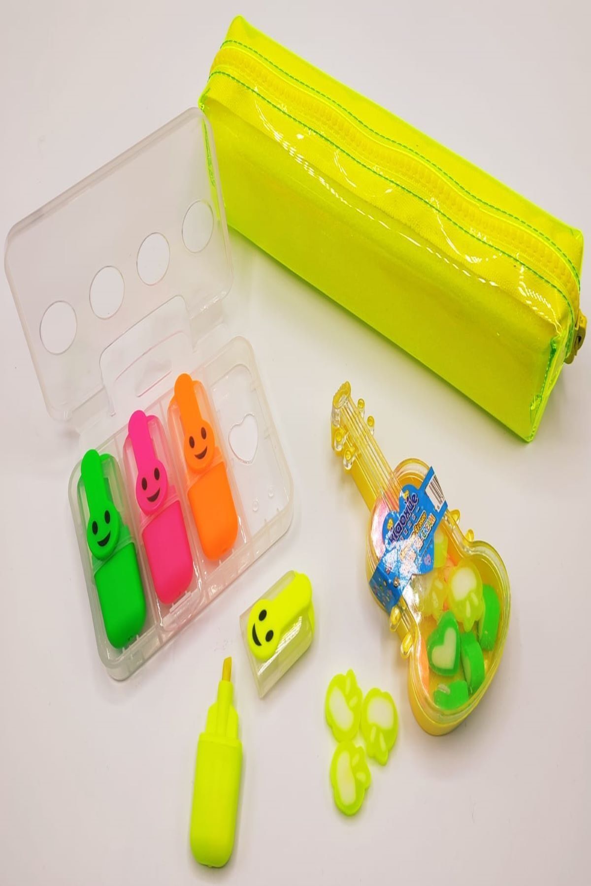 Libra Dükkan Neon Şeffaf Sarı Kalemlik-gitar Miniş Silgi- Neon Gülen Yüz Fosforlu Kalem 4 Renk