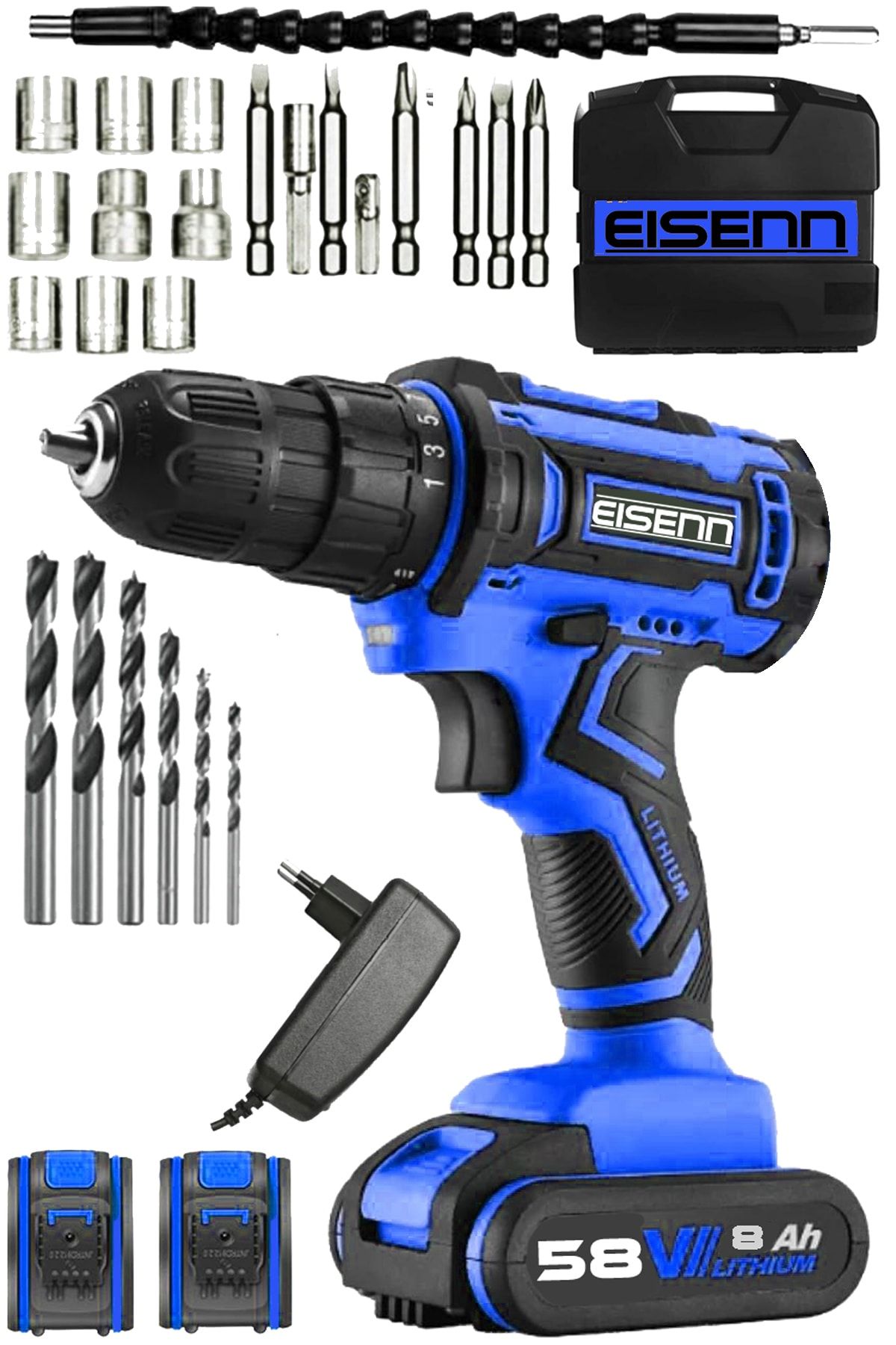 Eisenn Germany Technology X-metal Şanzıman 58 V 8 Ah Samsung Çift Akülü Vidalama Şarjlı Matkap + Set Hedi