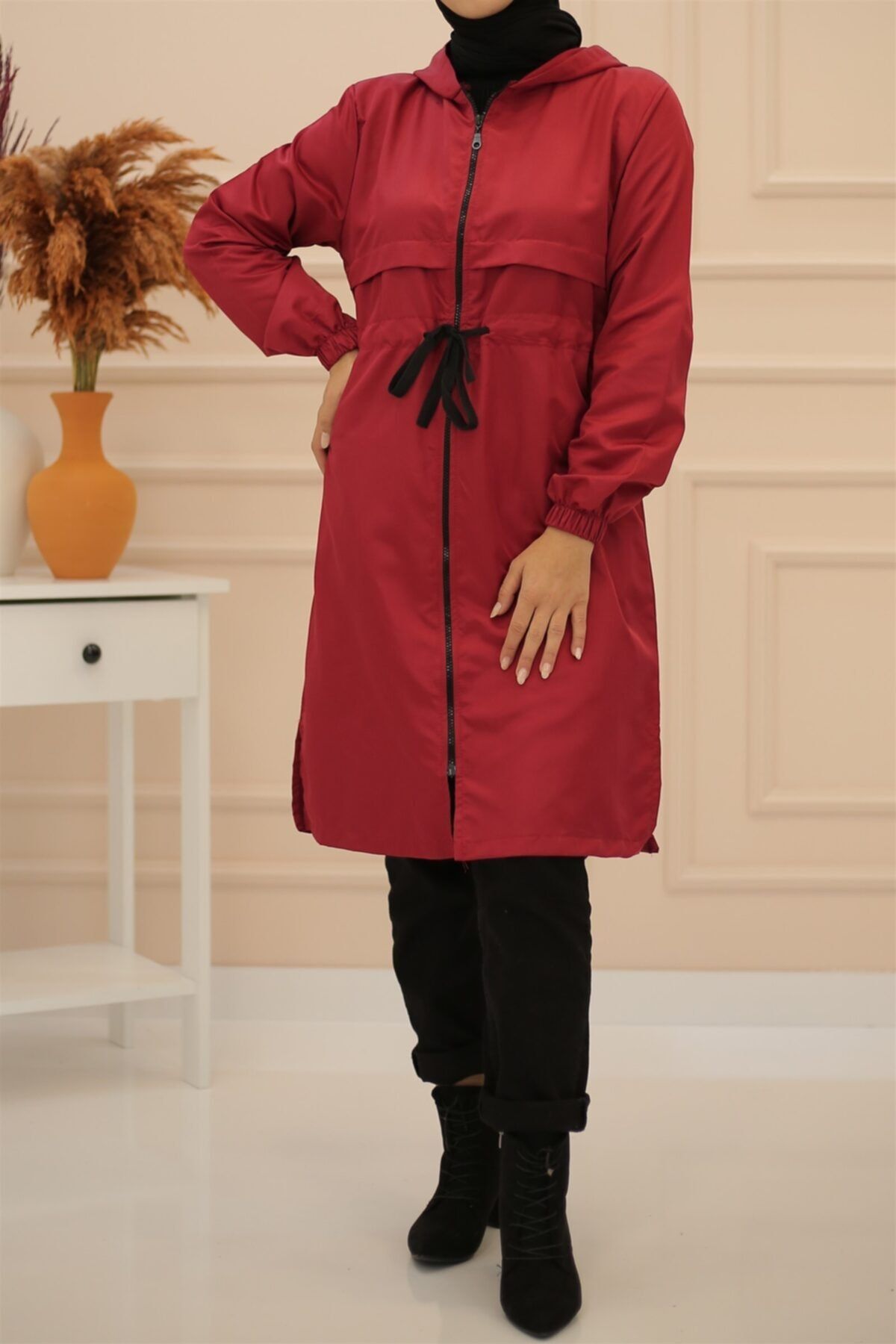 İmajButik Belden Bağlamalı Kapşonlu Yağmurluk/bordo
