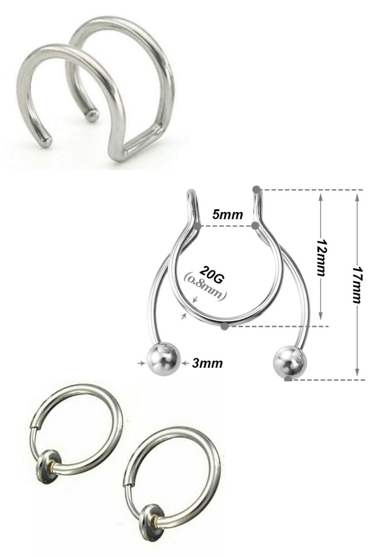 axexuar Çelik Üçlü Piercing Set Septum Tragus Deliksiz Kulak Ve Burun Gümüş Renk
