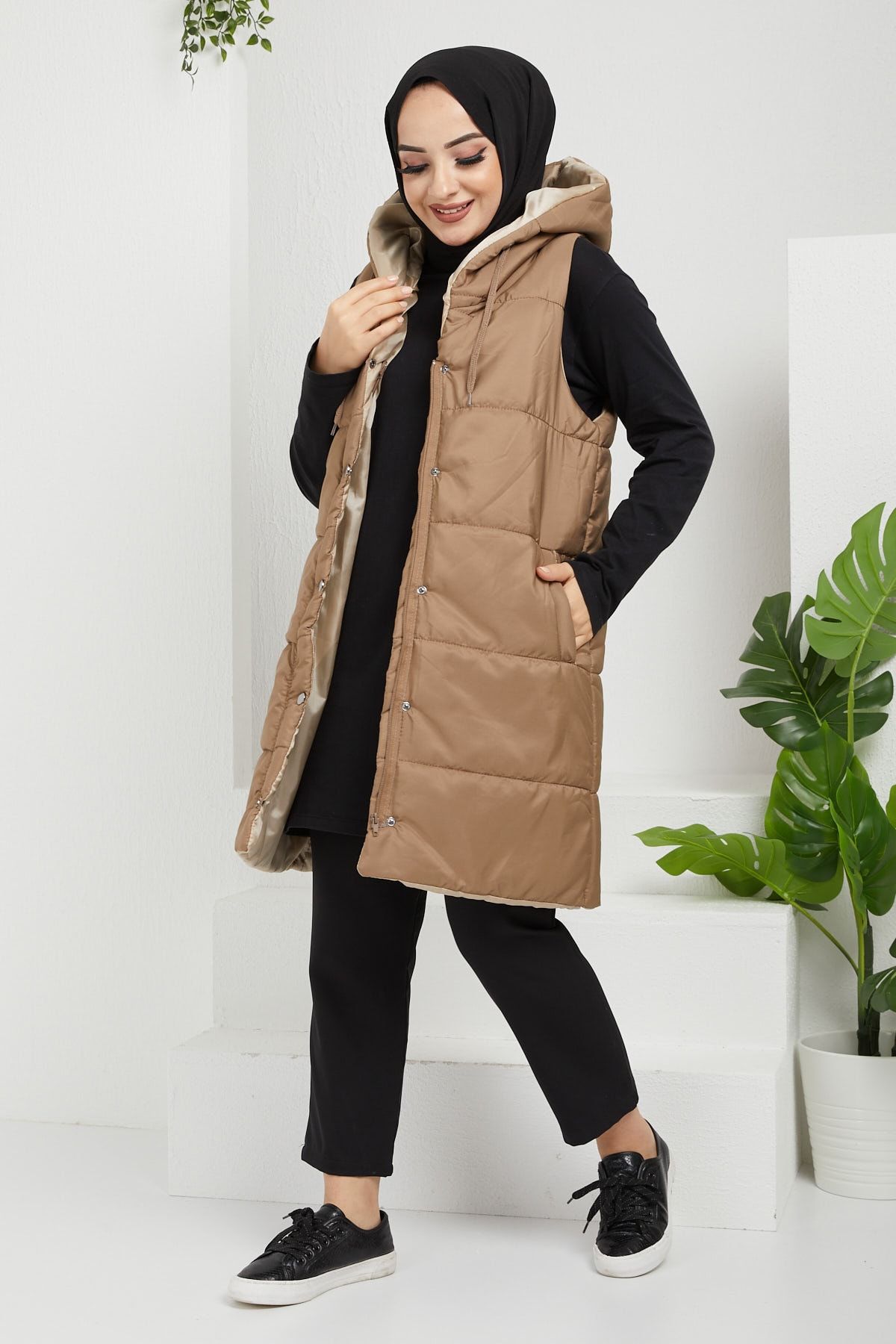 İmajButik Kapşonlu Ön Çıt Çıt Detaylı Şişme Yelek/camel