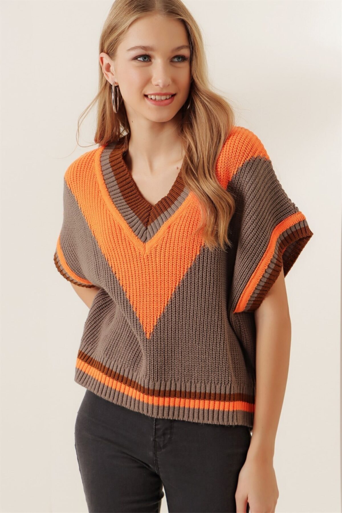 Afilva Kadın Gri V Yaka Owersize Örme Süveter