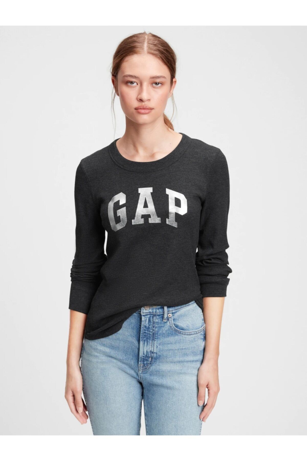 GAP Kadın Siyah Logo Waffle T-shirt
