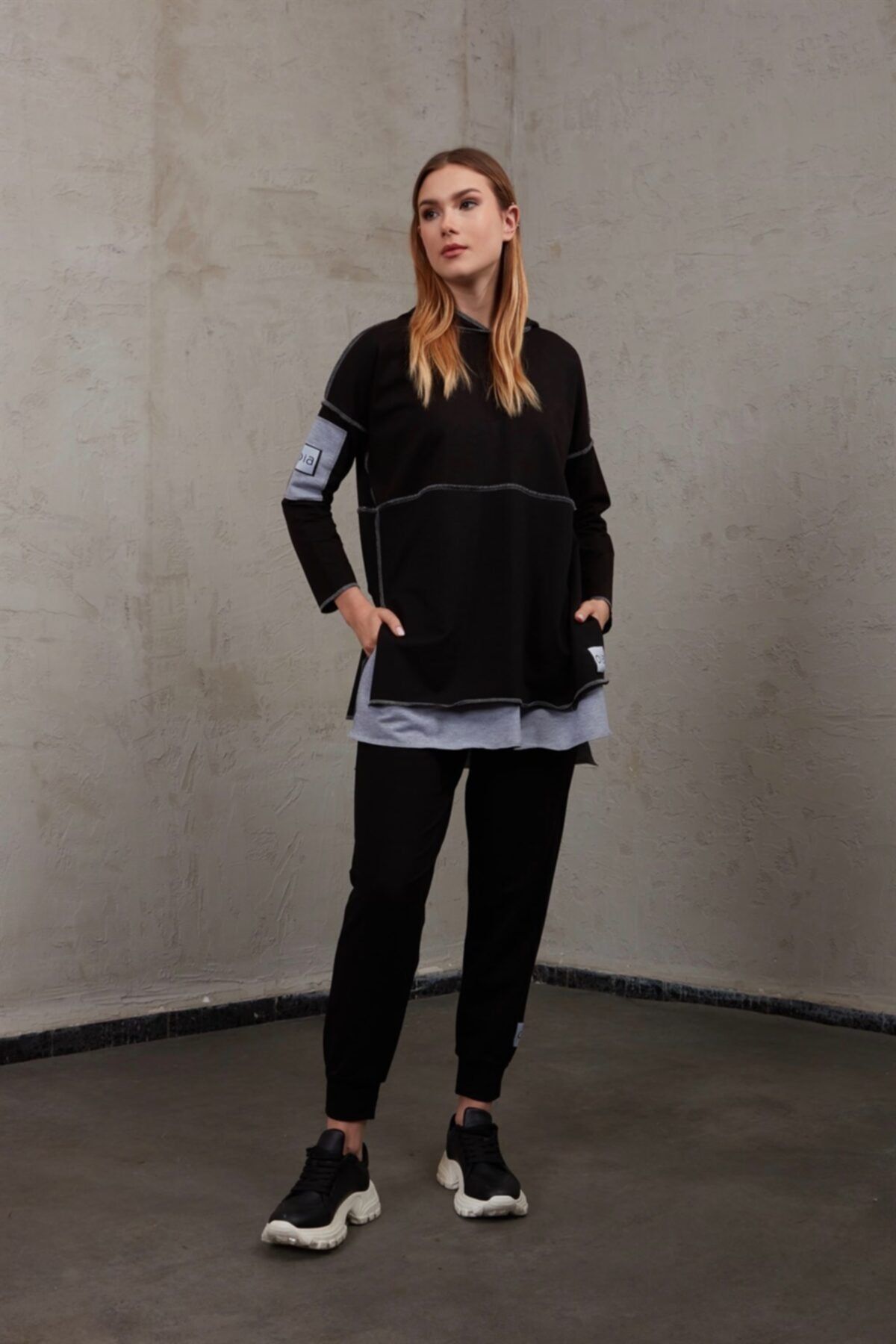 oia Siyah-siyah W-0900 Pamuklu Tunik Pantolon Takım Eşofman Takımı