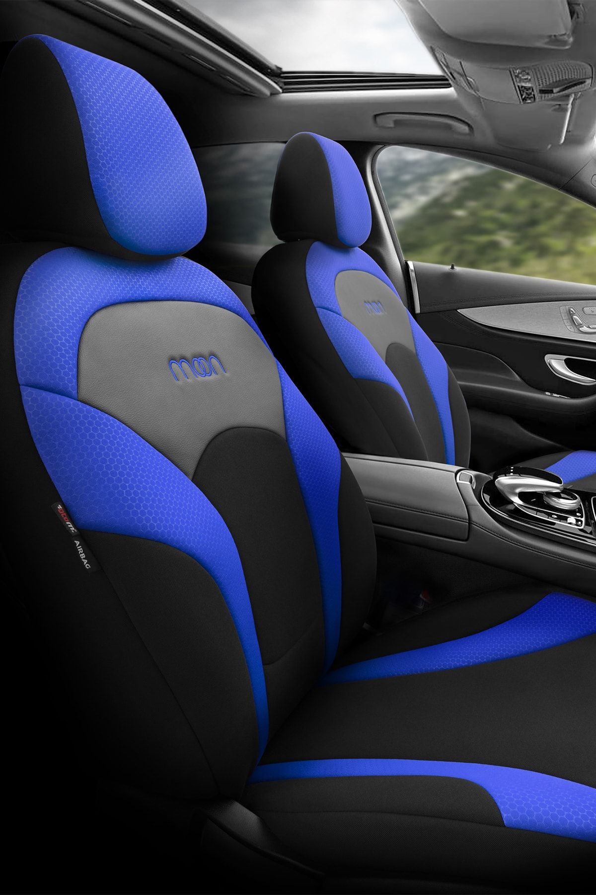 Otom Airbag Dikişli Özel Tasarım Oto Koltuk Kılıfı - Yeni Moon Design Mavi-siyah Mon1904