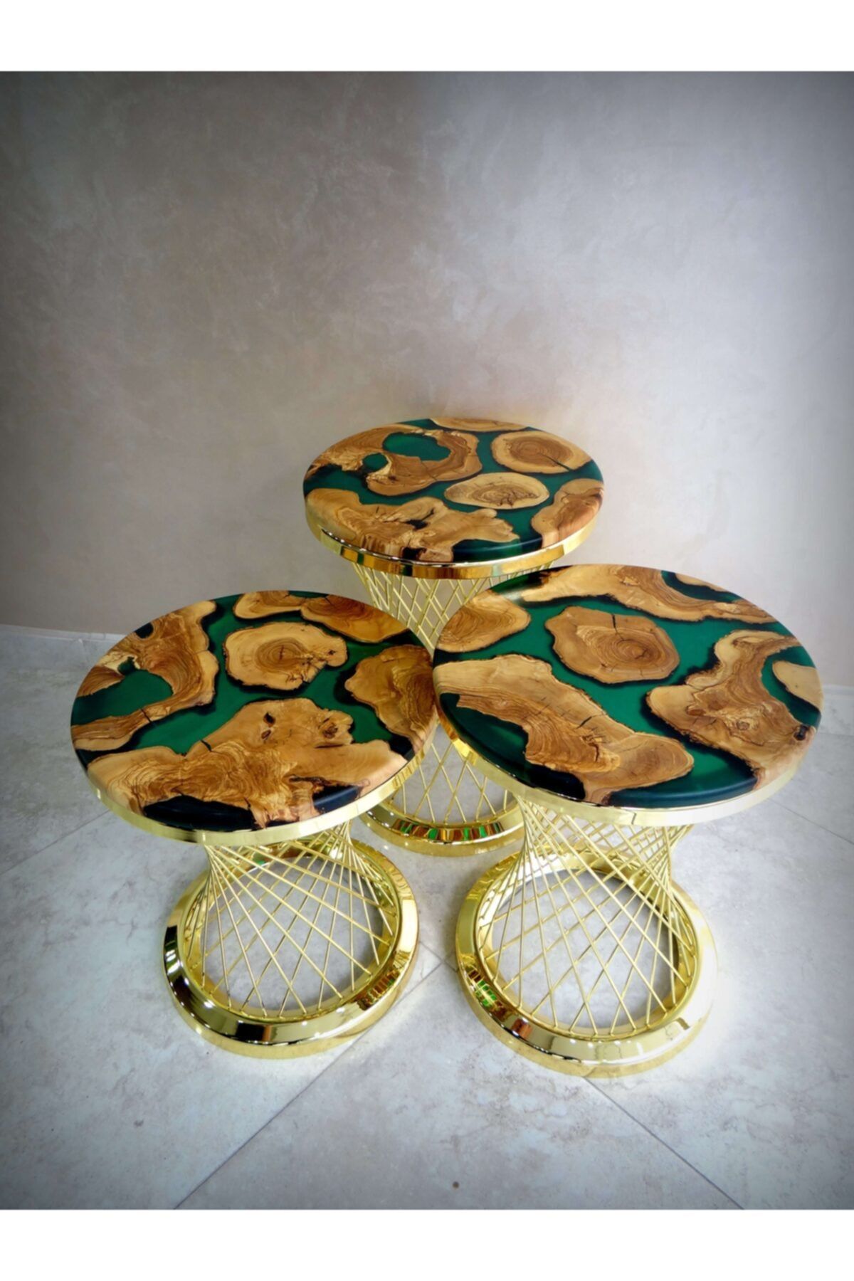 HeeDWooD Design Zümrüt Yeşil Epoksi Zeytin Tabla Gold Ring Ayak 3lü Zigon Sehpa