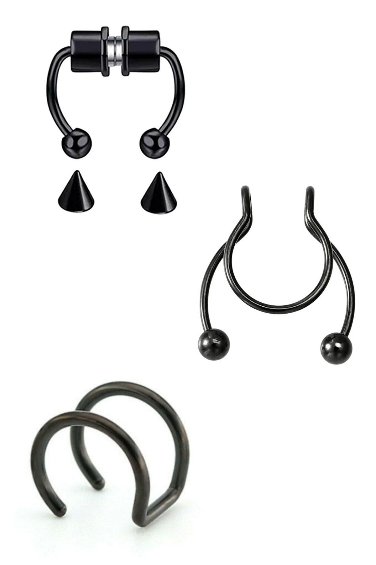 axexuar Deliksiz Burun Ve Kulaklara Üçlü Septum Tragus Çelik Piercing Set Siyah