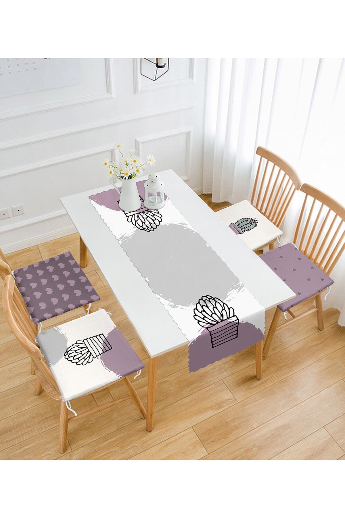 Realhomes Fusya Zemin Kaktüs & Kalp Tasarımlı 4 Fermuarlı Sandalye Minderi 1 Runner Seti