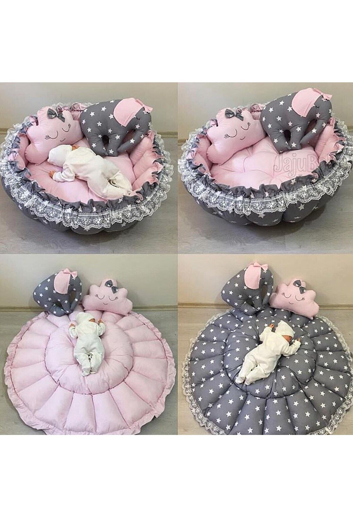 Jaju Baby Gri Yıldız Pembe Kombin Açılır Kapanır Oyun Minderi Babynest