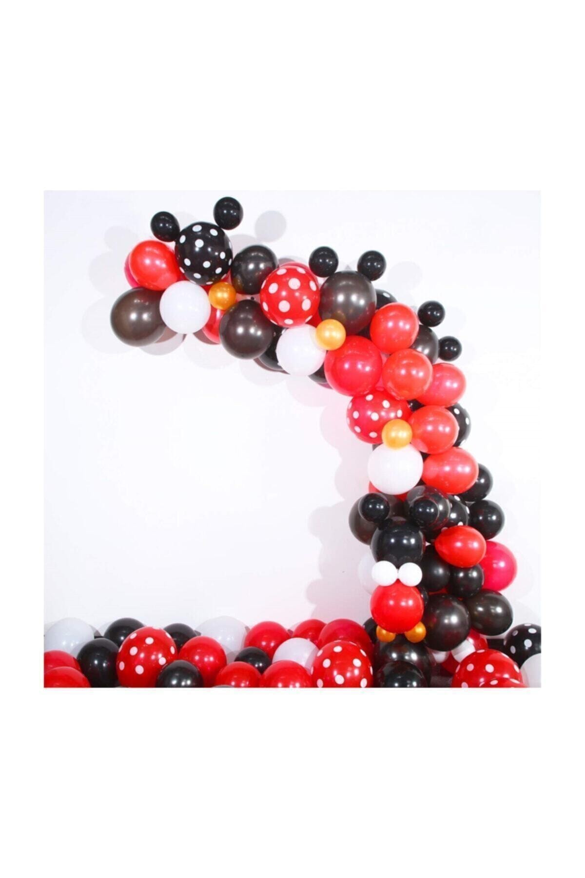 KAR TANESİ - Mickey Mouse Konsept Siyah Kırmızı Beyaz Metalik Balon Puanteli Ve Balon Zinciri