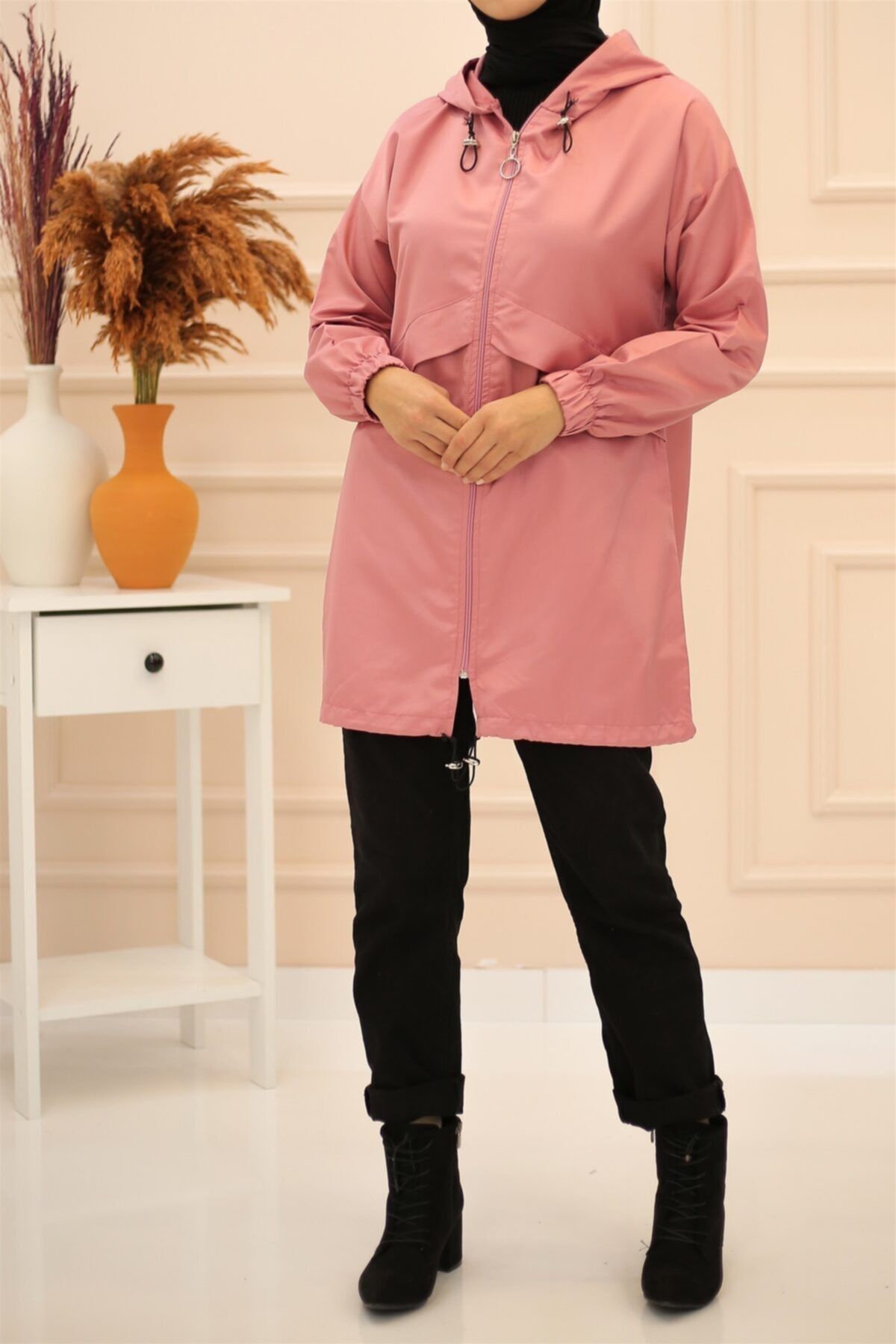 İmajButik Beli Lastikli Kapşonlu Yağmurluk/pudra