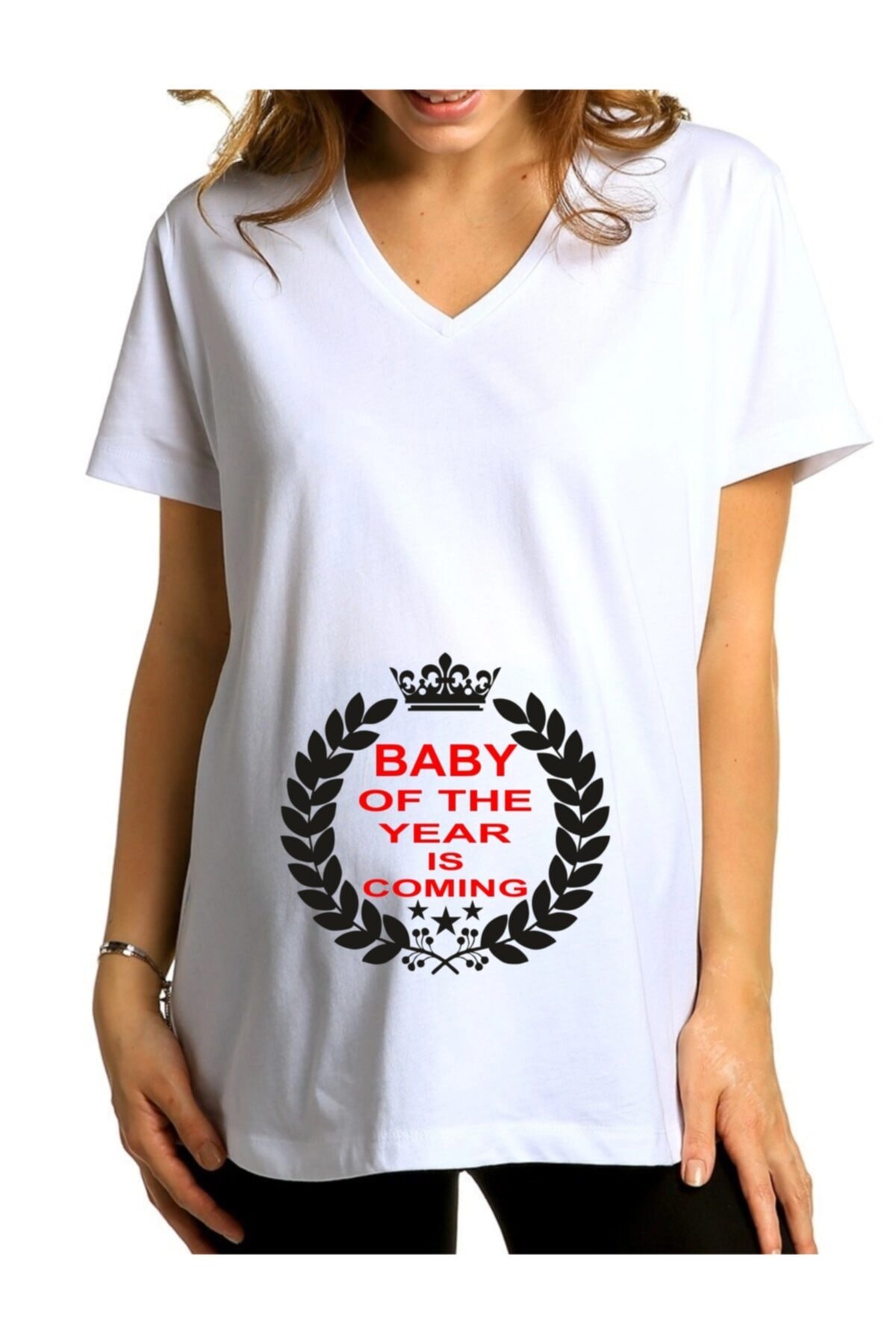 venüsdijital Baby Of The Year Is Comıng Baskılı Beyaz Hamile Tişörtü