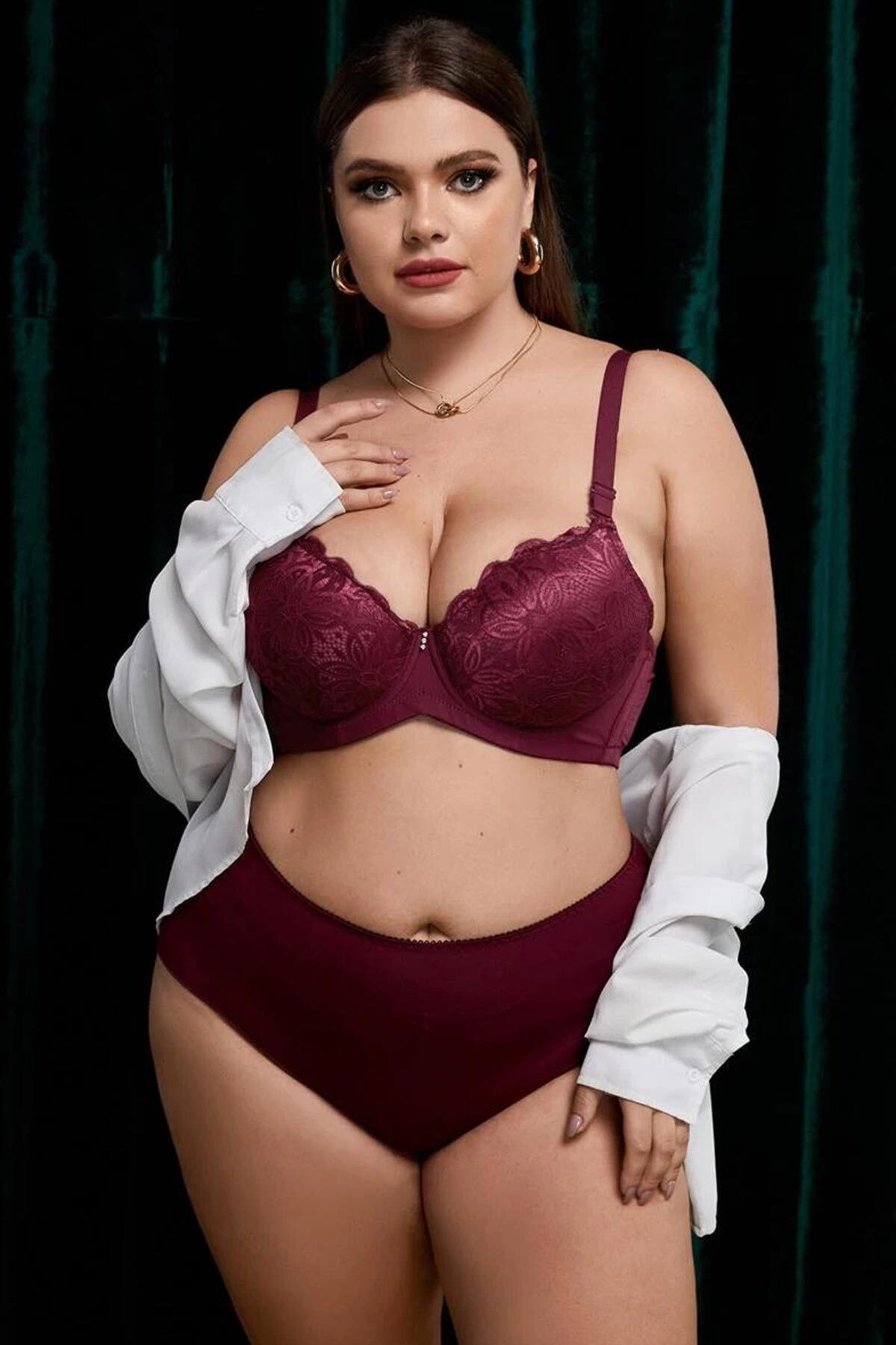 PEWMODA Romantik Bordo Büyük Beden Özel Seri Sütyen