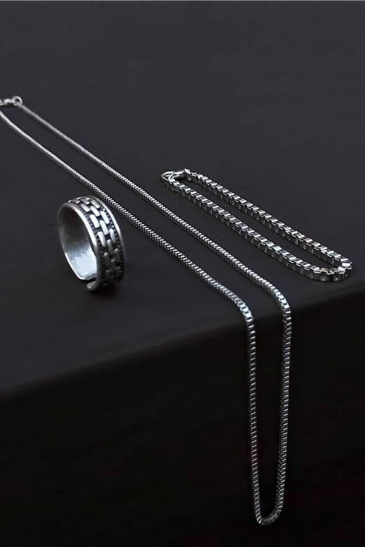The Collection Çizgi Desen Ayarlanabilir Gümüş Kaplama Yüzük Küp Bileklik Ve Kolye Set