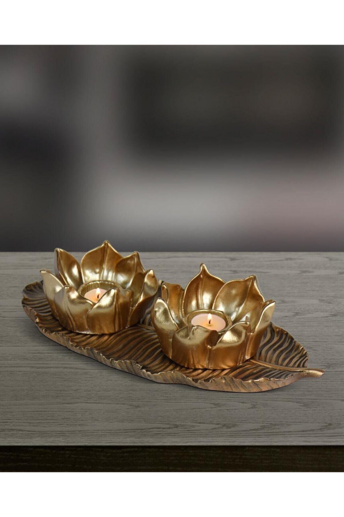 yaka dizayn Dekoratif Lotus Mumluk Seti 3 Parça - Altın Polyester