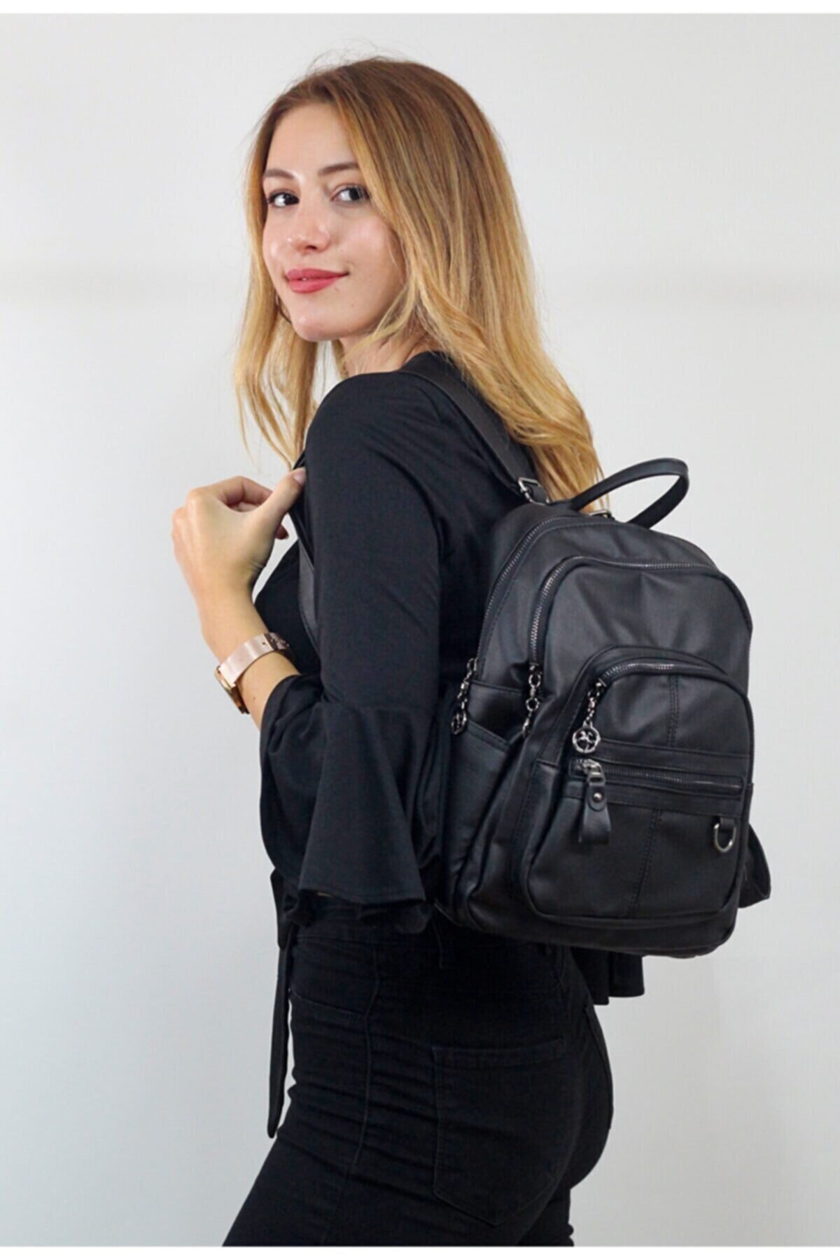 NAS BAG'S Nas Bag Kadın Siyah Yıkama Çok Gözlü Sırt Çantası