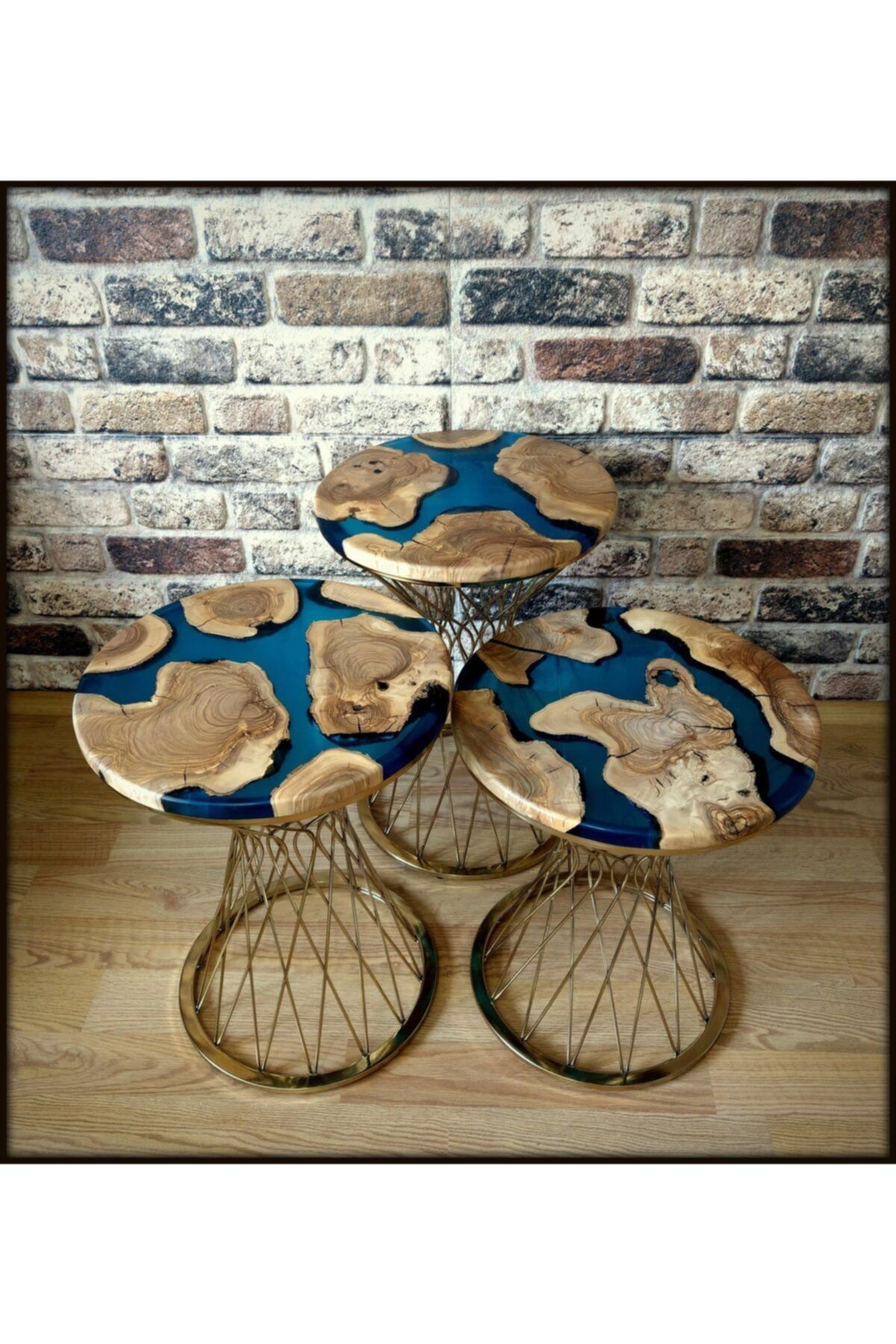 HeeDWooD Design Trans Mavi Epoksi Zeytin Tabla Gold Pota Ayak 3lü Zigon Sehpa