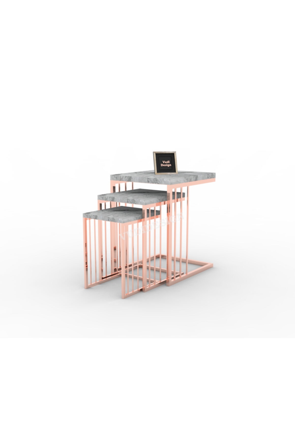 Vudi Design Erica 3'lu Zigon Sehpa Mermer Desenli Rose Kaplama