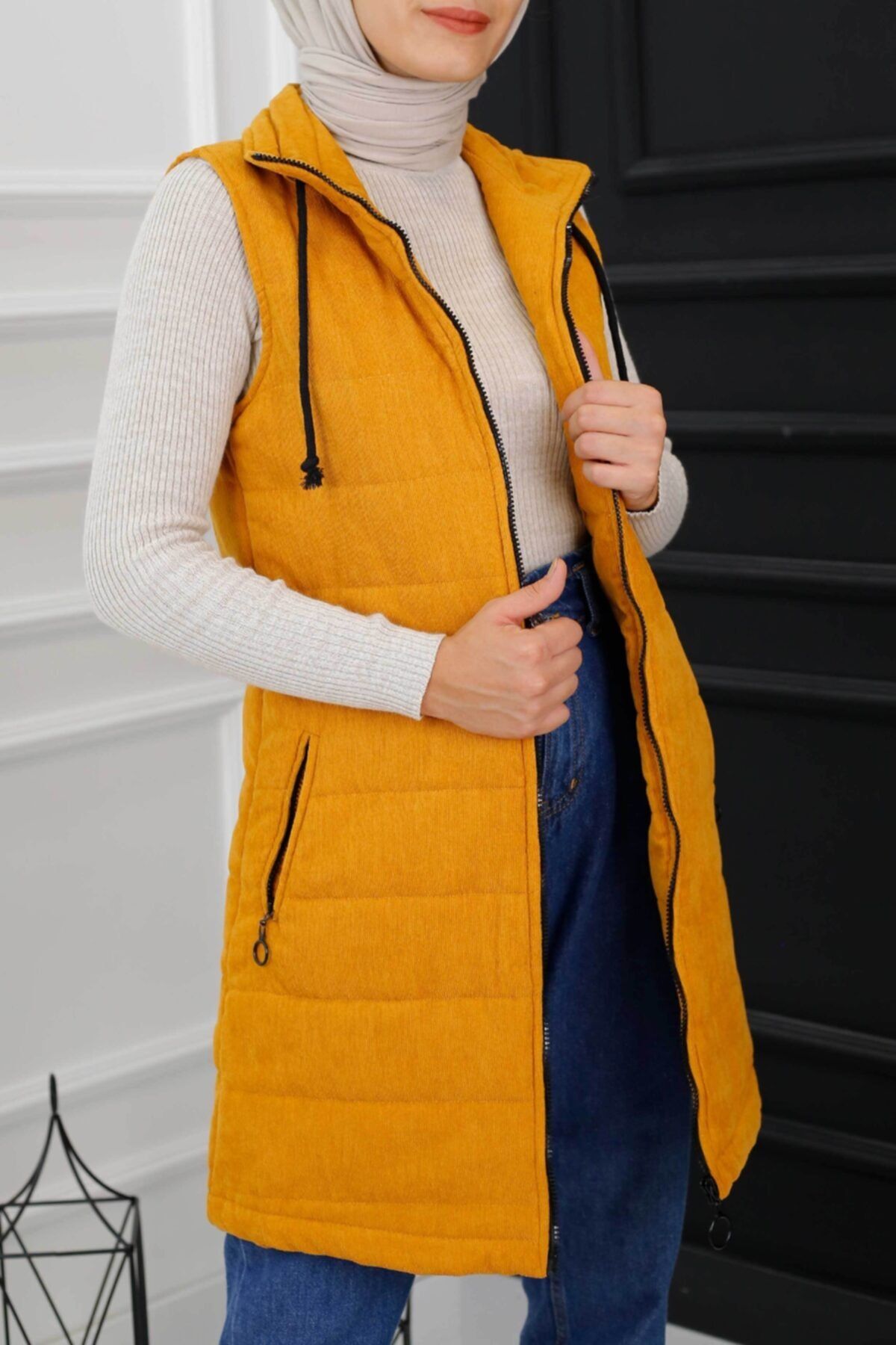 İmajButik Içi Dolgulu Kadife Yelek-hardal