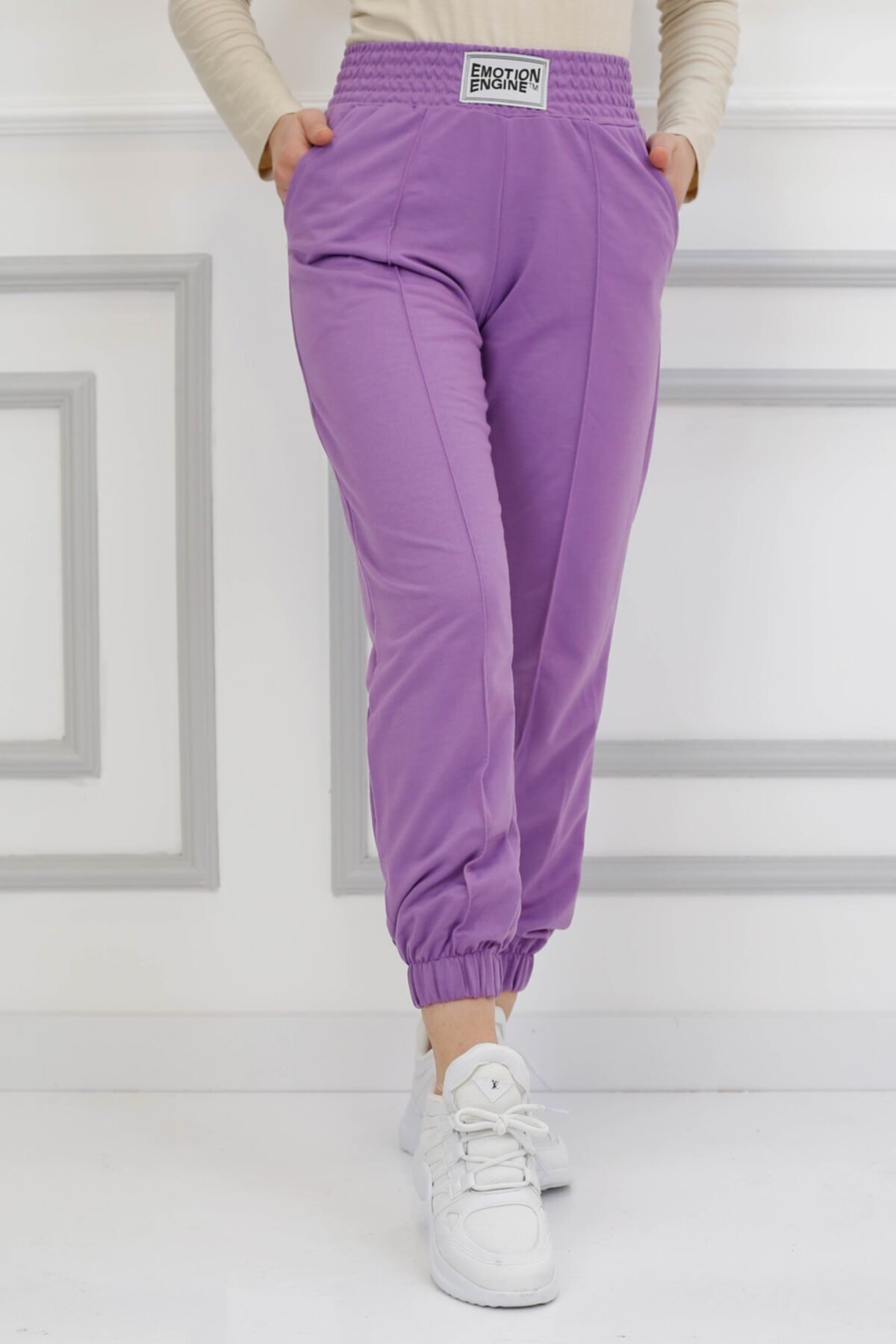 İmajButik Önü Yazı Detaylı Paça Lastikli Eşofman- Lila