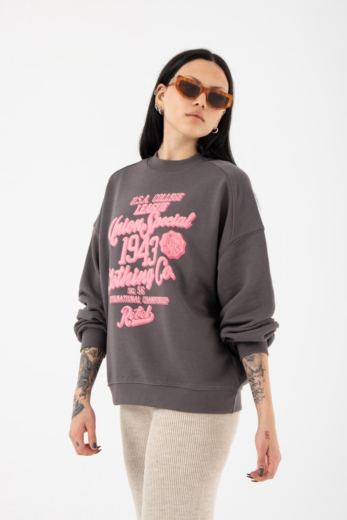Machinist Oversize Union Special Şardonsuz Füme Kadın Sweatshirt