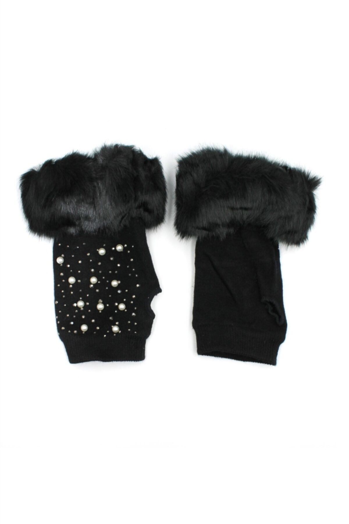 cappello Siyah Tüylü Taşlı Parmaksız Kadın Eldiven Mwg100778r002