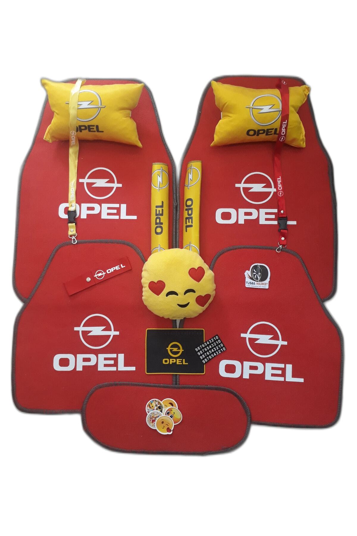 TUSBA MARKET Opel Kırmızı Uyumlu Oto Halı Paspas / Sarı Yastık Kemer Pedi / Opel Logolu Oto Aksesuar/Emoji Yastık