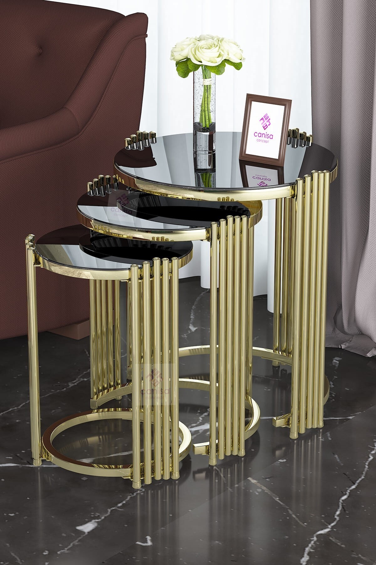 Canisa Concept Kırılmaz Temperli Cam  3lü Zigon Sehpa Takımı Siyah Cam Gold Ayak