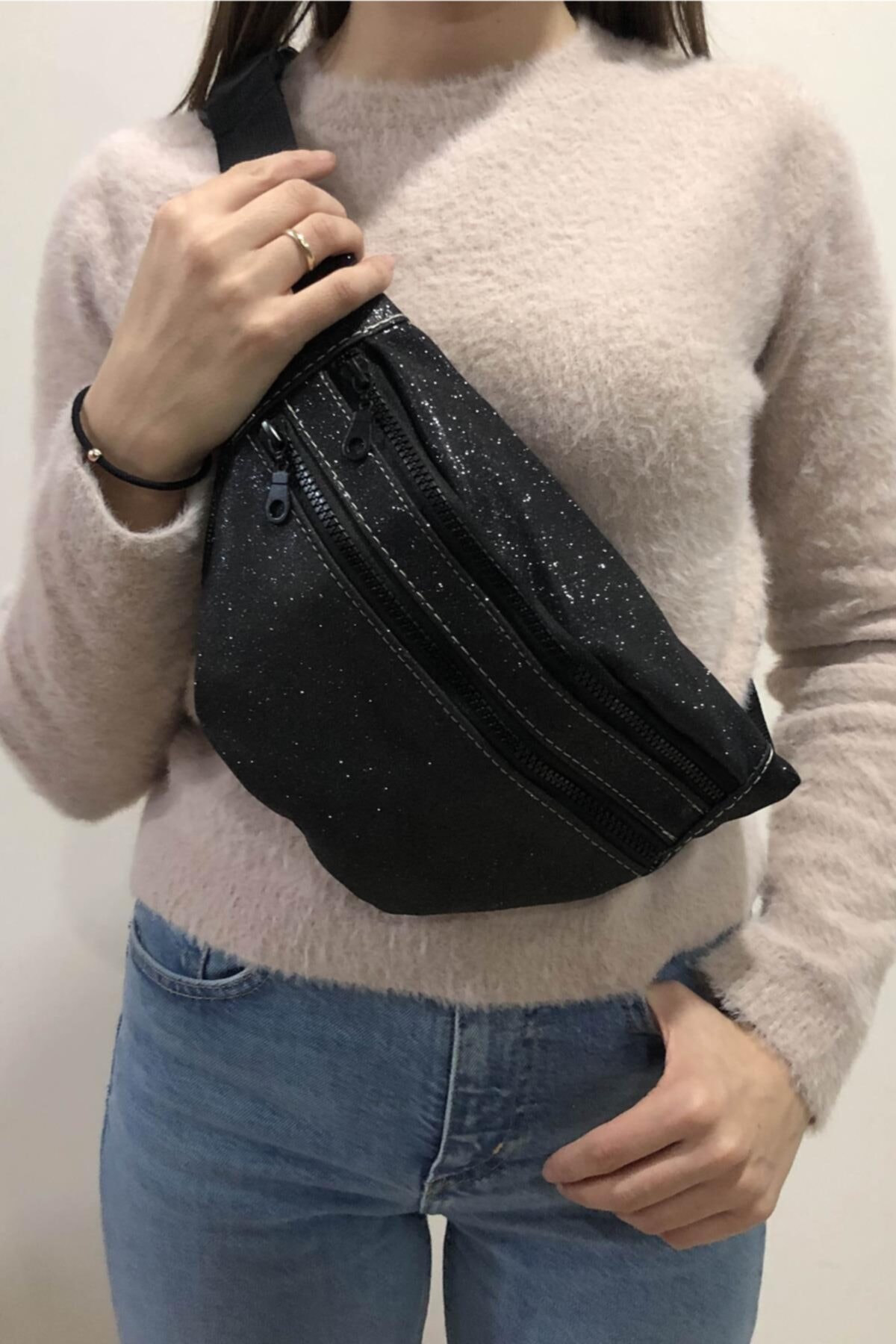 TREND Çift Bölmeli Kadın Bel Çantası Siyah Simli 2448