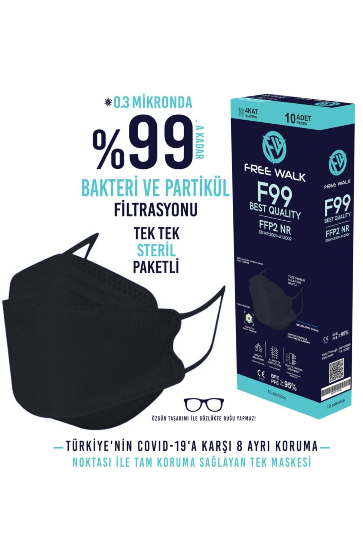 Free Walk Kore Tipi F99 - F95 Best Quality Kf94 Maske Siyah 10 Adet