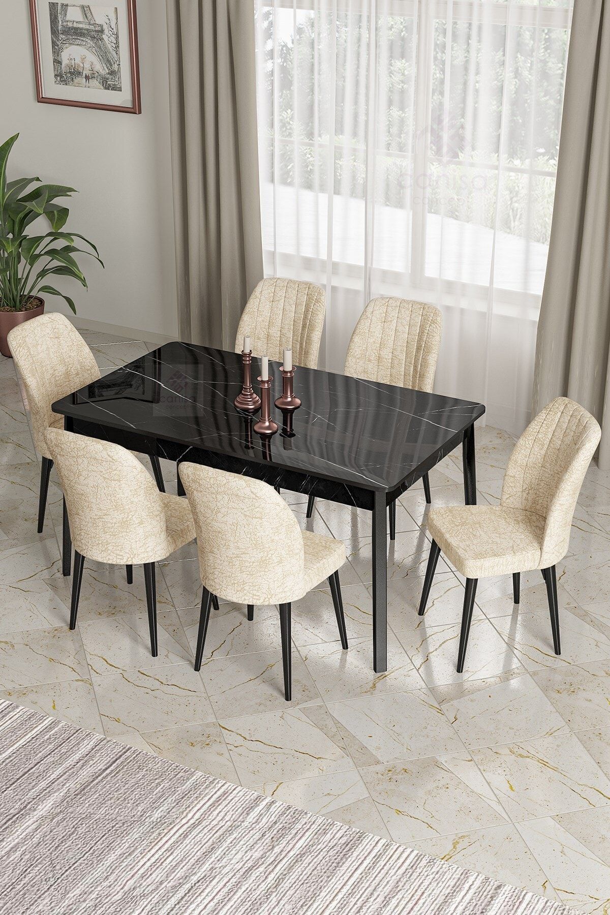 Canisa Concept Ada Mutfak Masa Takımı, 80x130, Yemek Masası Takımı, Siyah Mermer Desen, 6 Krem Sandalye