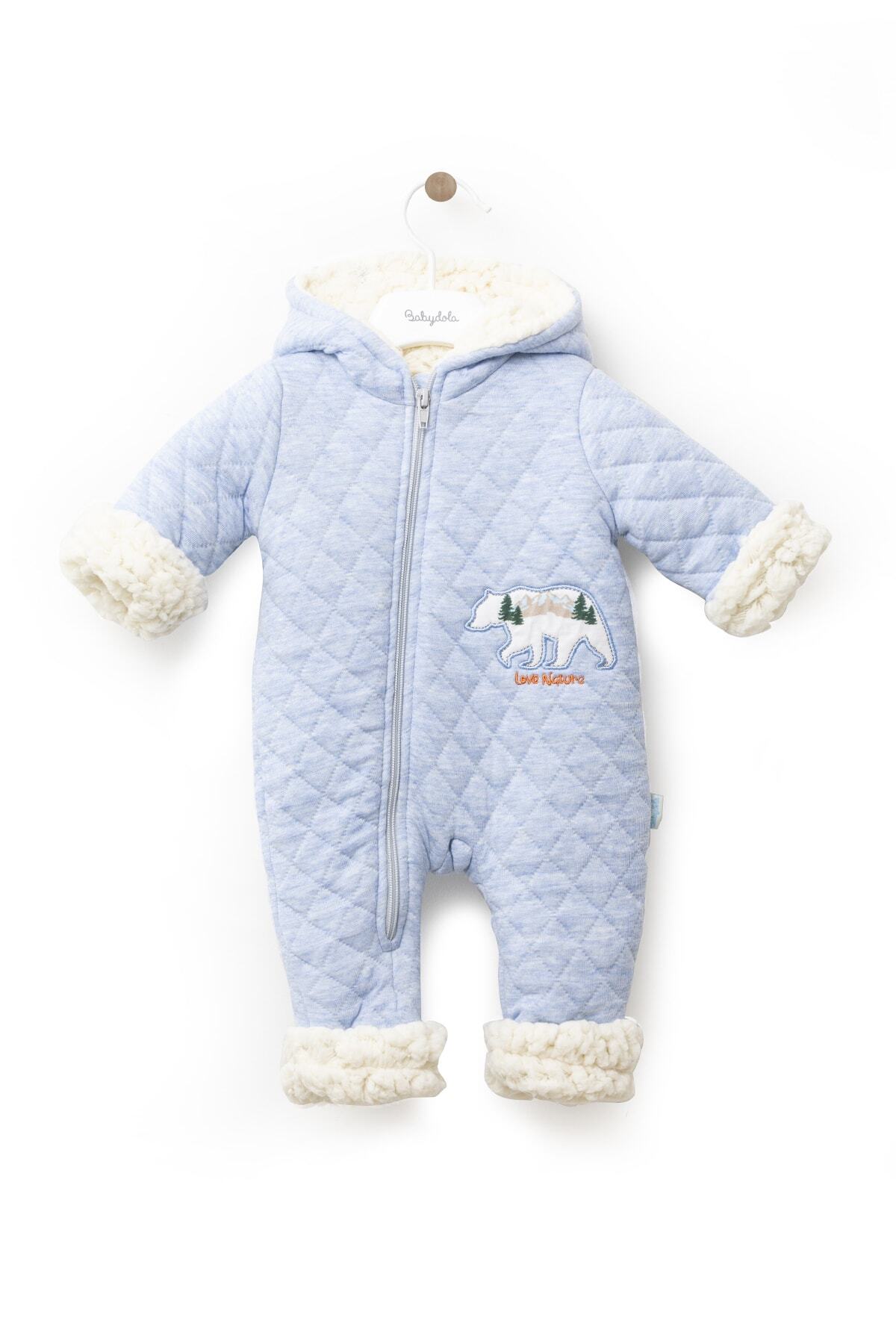 Babydola Pamuk Erkek Bebek Fermuar Kapamalı Ayıcık Nakışlı Kalın Tulum