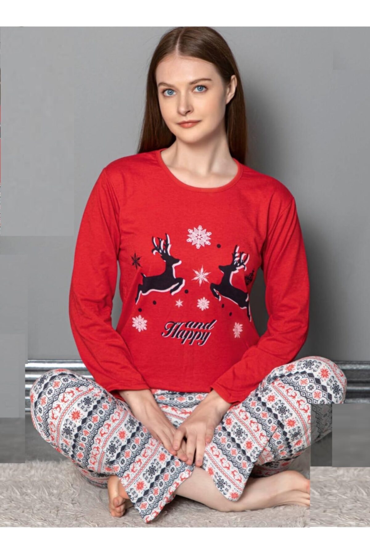 Temporium Kadın Kırmızı And Happy Baskılı Uzun Kollu Pijama Takımı