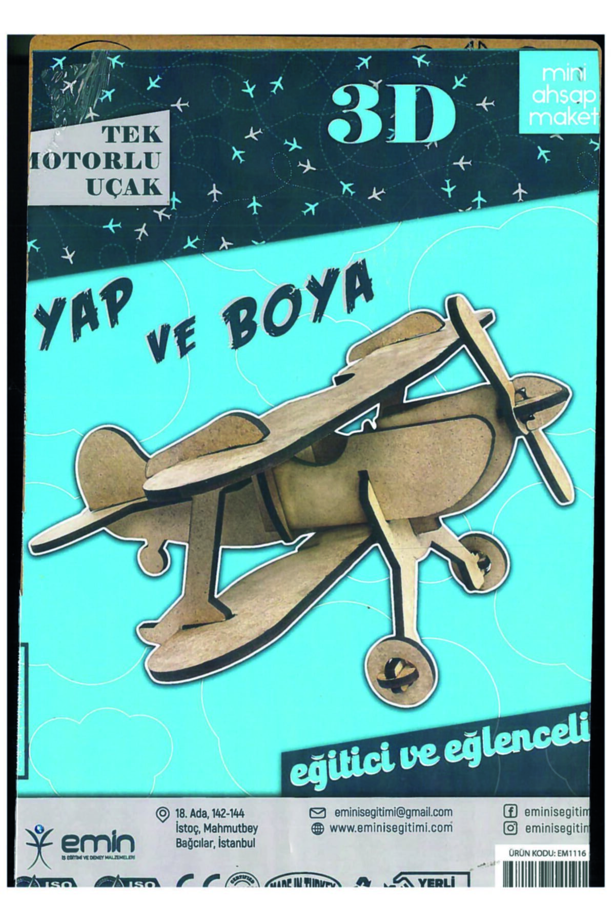Emin İş Eğitimi Boyanabilir Ahşap Tek Motorlu Uçak Maketi
