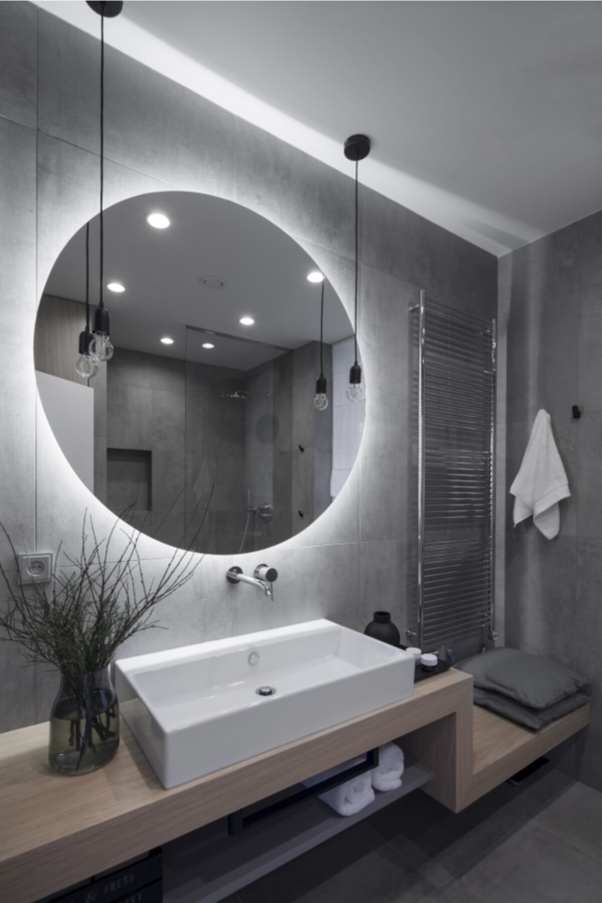 NUUN DEKOR 90cm Beyaz Ledli Duvar Aynası Dekoratif Yuvarlak Ayna Banyo Aynası Prizli