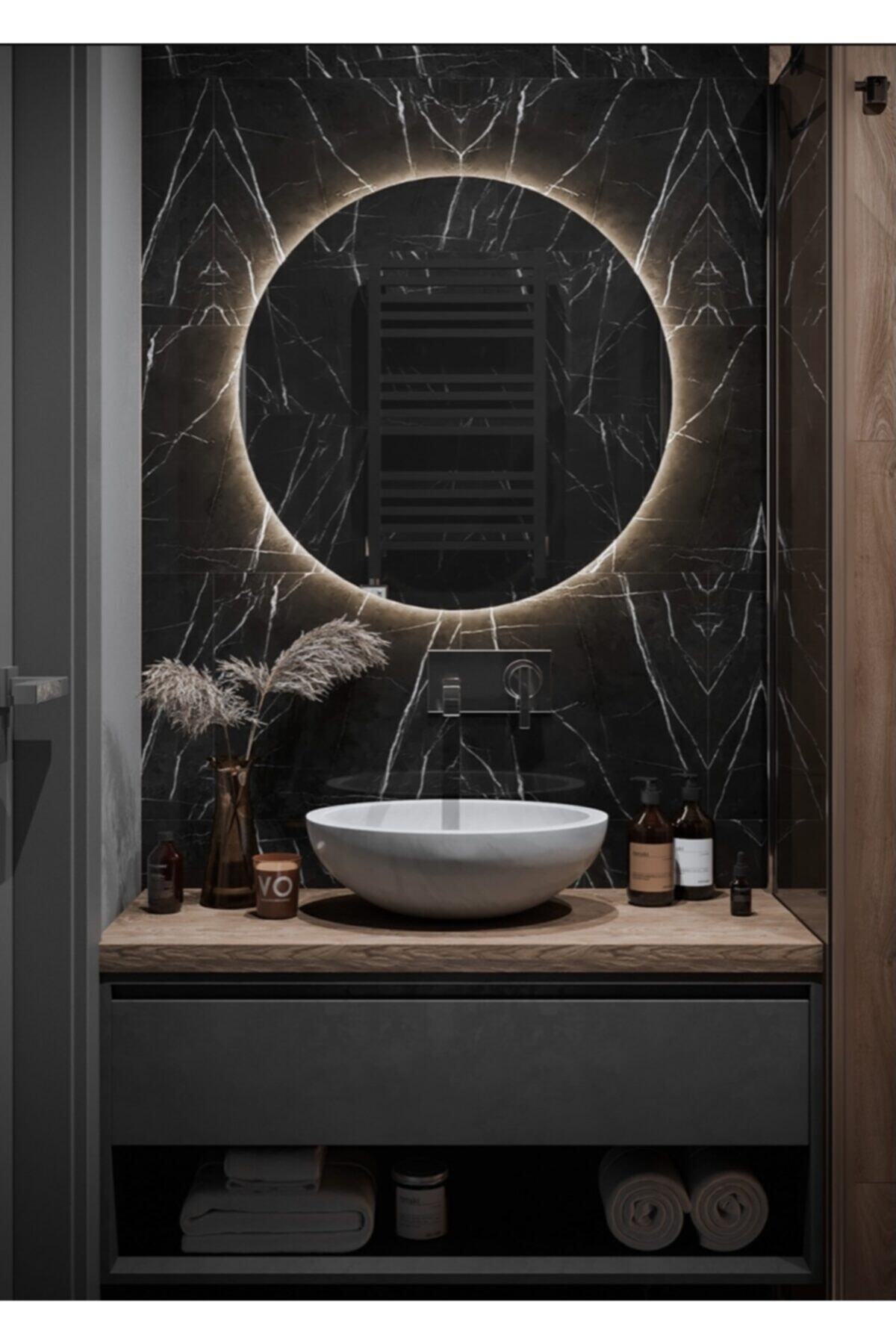 NUUN DEKOR Prizli Günışığı Ledli Dekoratif Yuvarlak Ayna Banyo Aynası Duvar Aynası 70cm Çapında