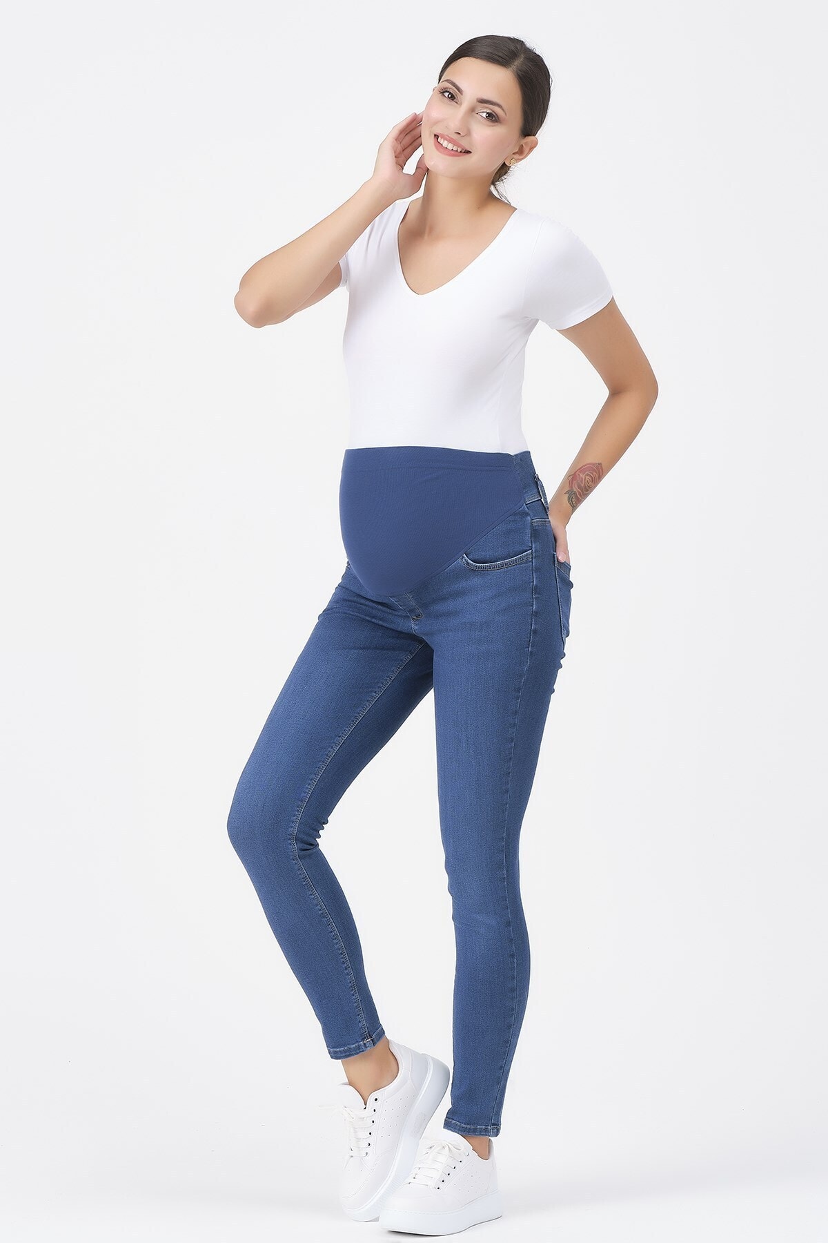 BUSA Hamile Esnek Karın Bantlı Skinny Dar Paça Kot Pantolon Lacivert