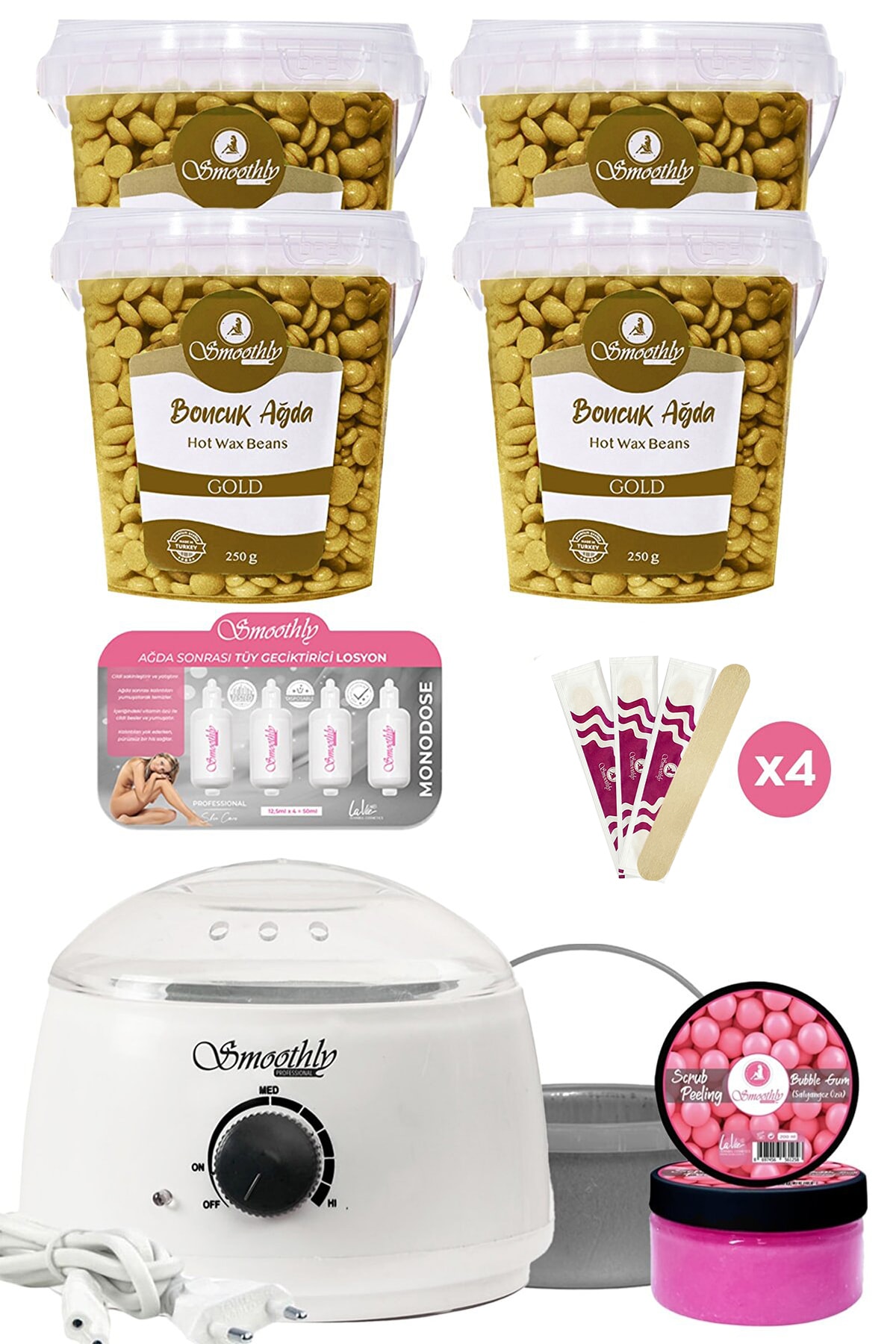 Smoothly Gold Granül Soyulabilen Boncuk Ağda 4 Kutu + Isıtıcı + Tüy Geciktirme Etkili Yağ + Peeling