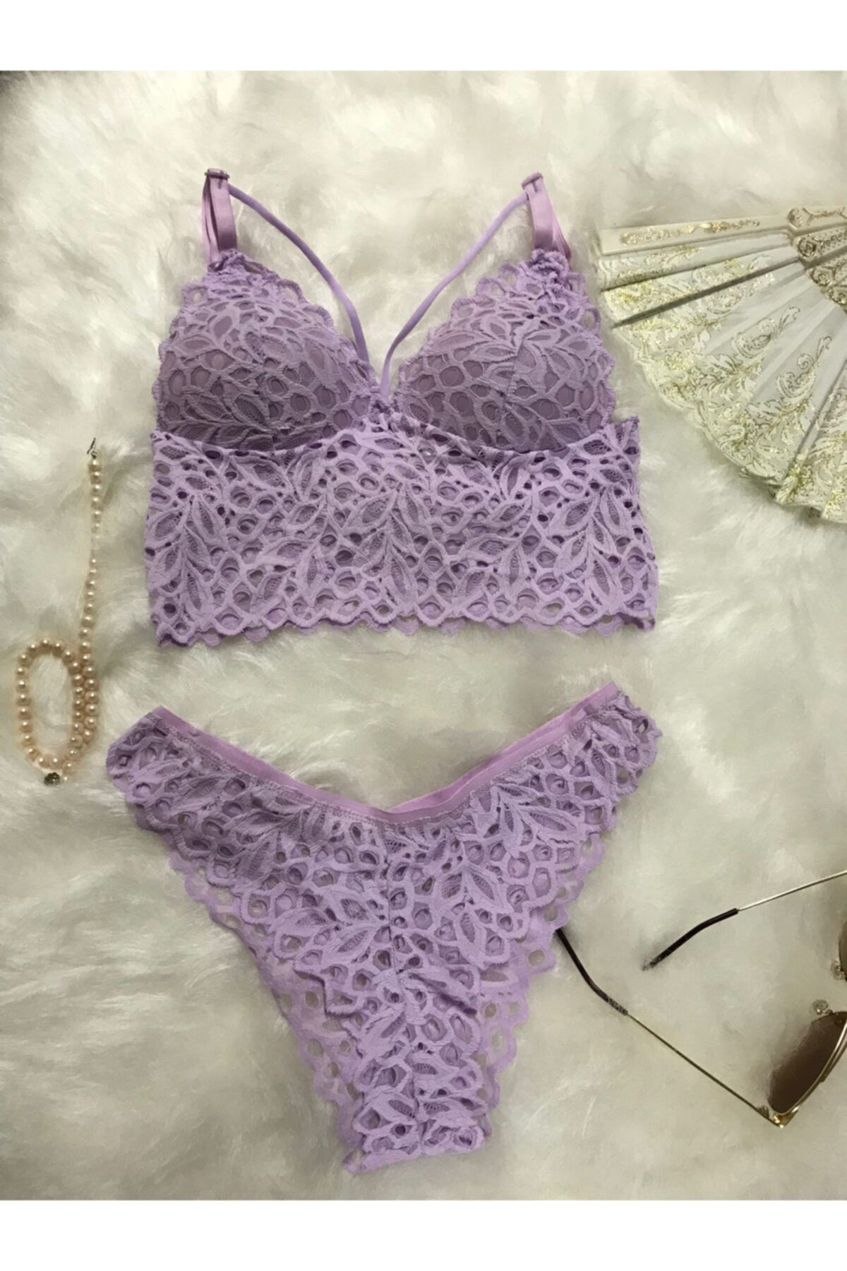 Bra Bucca Dantelli Balensiz Yarım Dolgulu Hafif Destekli Ip Detaylı Lila Sütyen Külot Bralet Takımı