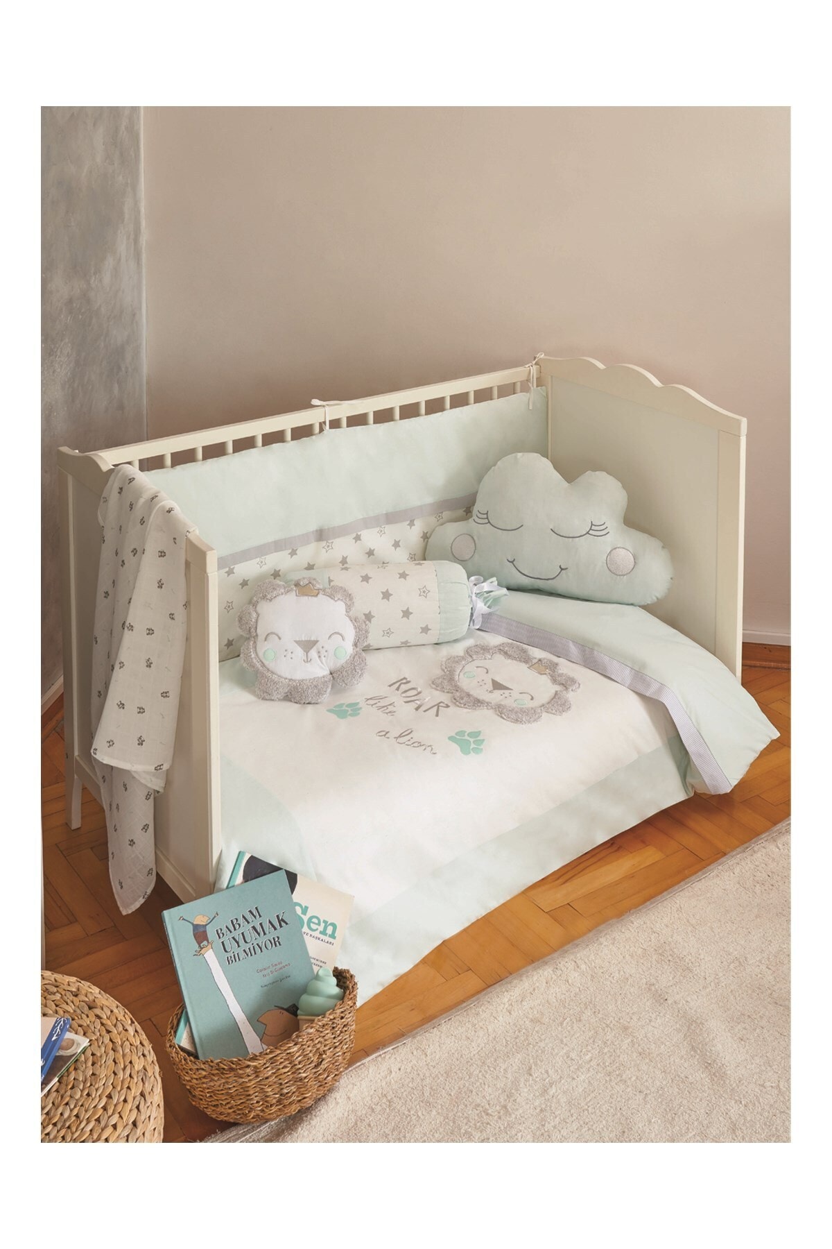Bibaby Erkek Bebek Lion Aslan 8li Desen Mobilya Uyku Seti Mint