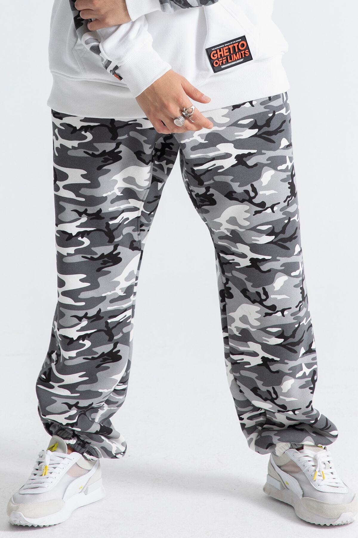Ghetto off limits Unisex Gri Kamuflaj Desenli Eşofman Altı