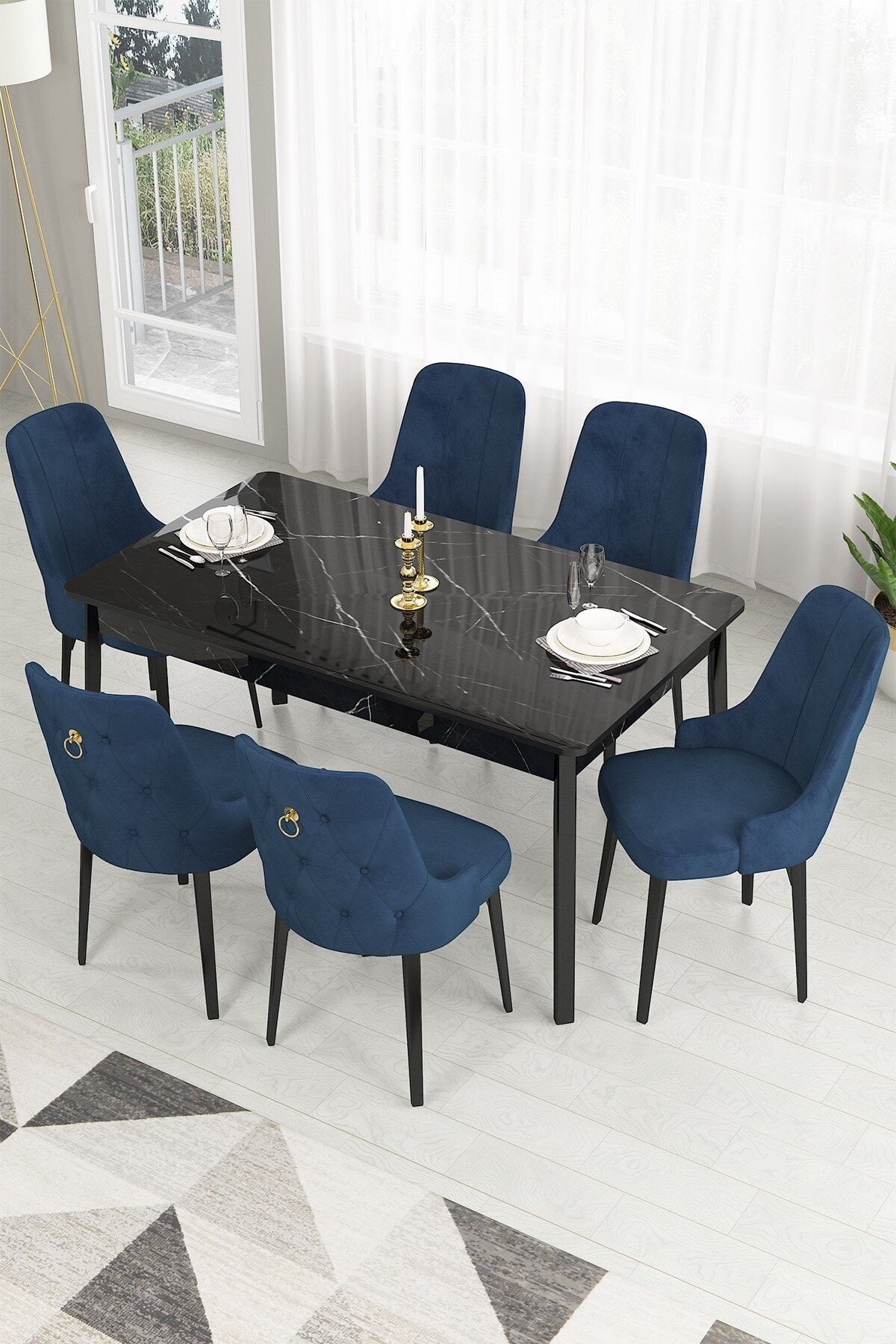 Canisa Concept Canisa Lav Serisi Sabit 80x130 Siyah Mermer Desenli Masa Takımı+6 Lacivert Sandalye