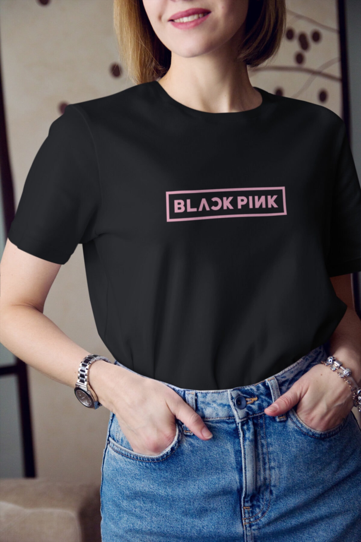 Kio Tasarım Kadın Siyah Blackpink Baskılı Kısa Kol  T-Shirt
