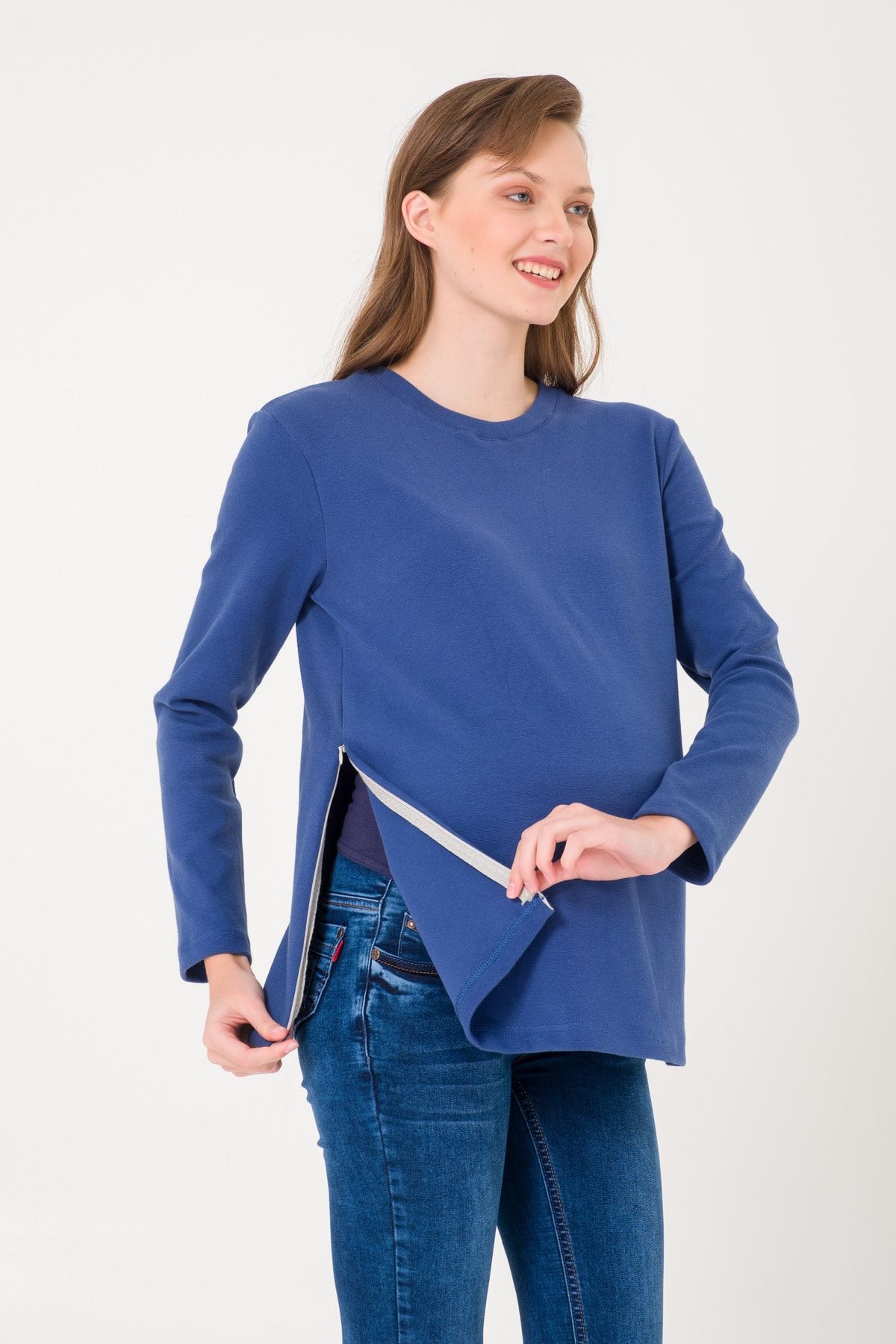 Gaiamom Indigo Yandan Fermuarlı Emzirme Özellikli Hamile Sweatshirt