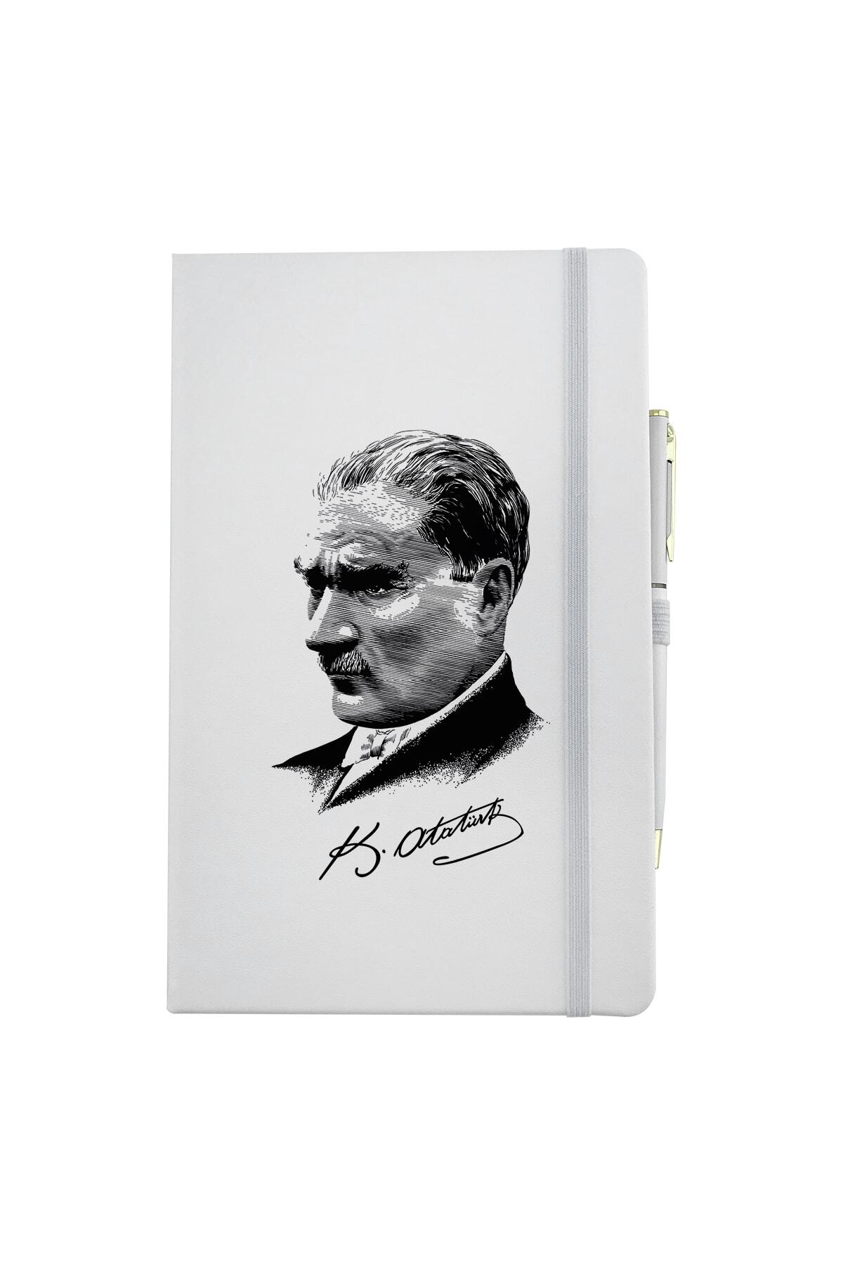 HEDİYEDİYE Atatürk Tasarımlı Beyaz Tarihsiz Defter Ajanda Ve Kalem