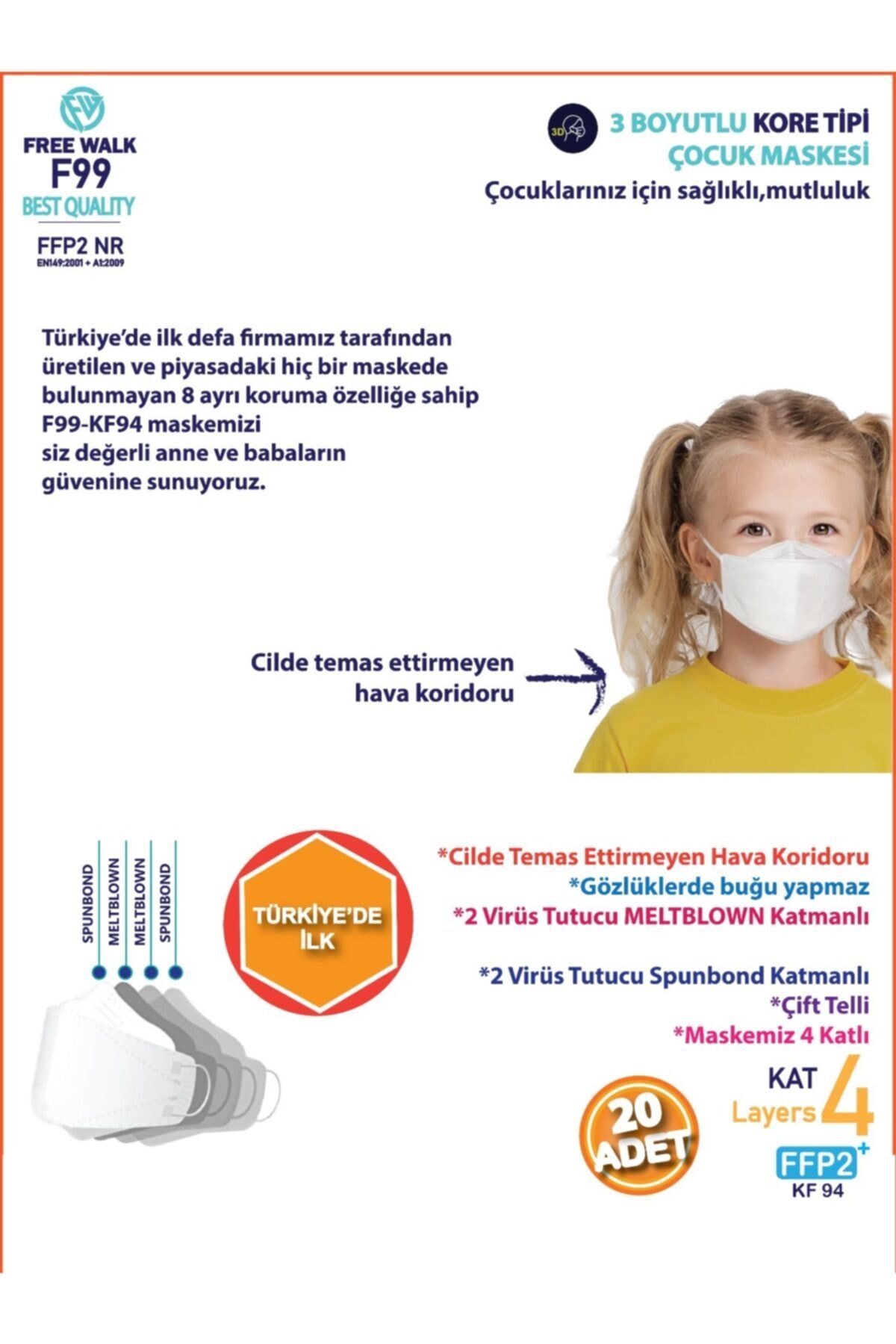 Free Walk Kore Tipi F99 Best Quality Kf94 Çocuk Maske 20 Adet